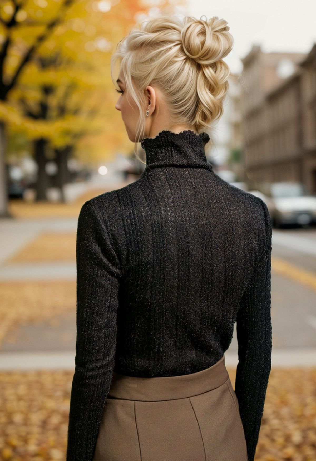 Fuzzy Ribbed Texture High Neck Top in Black