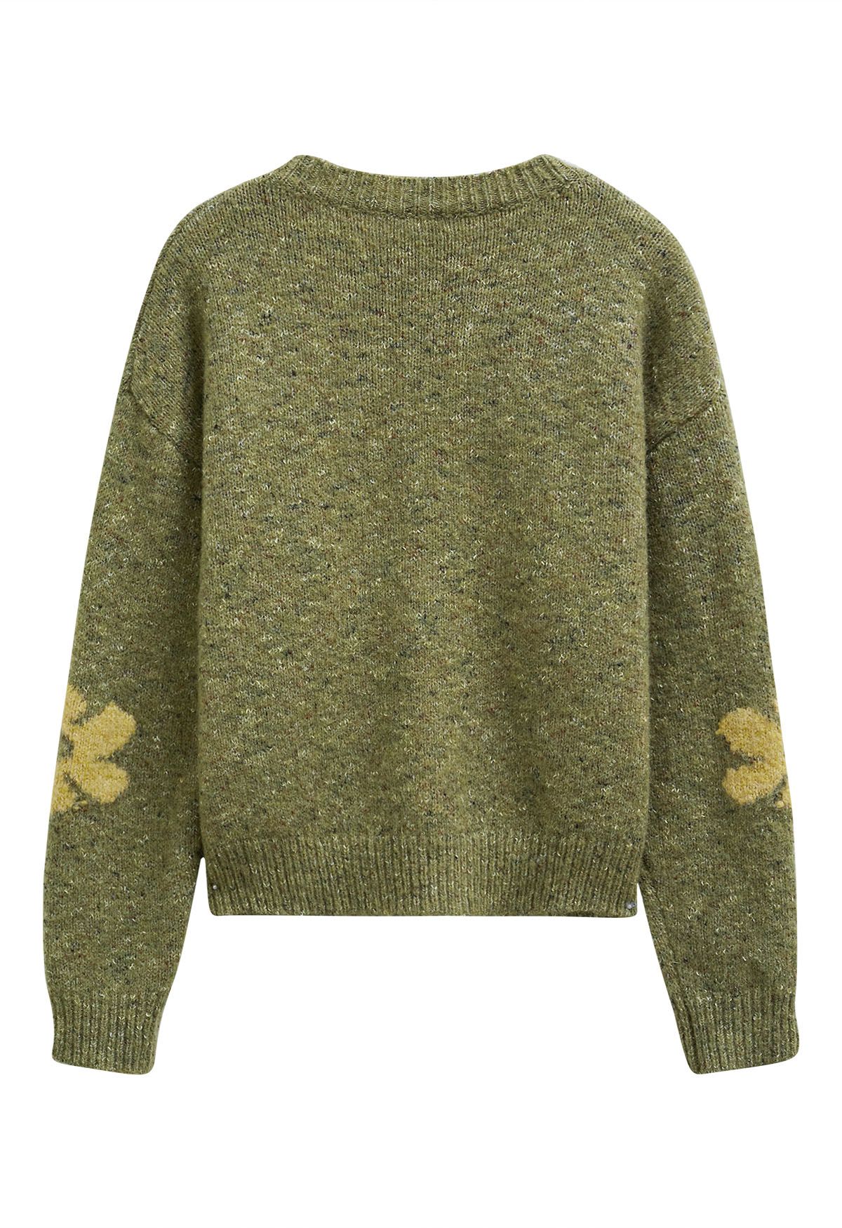 Multicolored Floral Pattern Fuzzy Knit Sweater in Moss Green