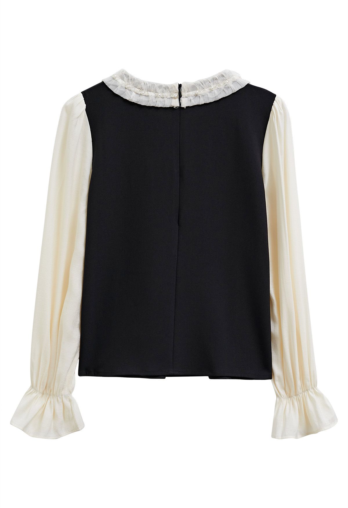 Contrast Pearl Trim Ruffle Neck Flare Cuff Top in Black