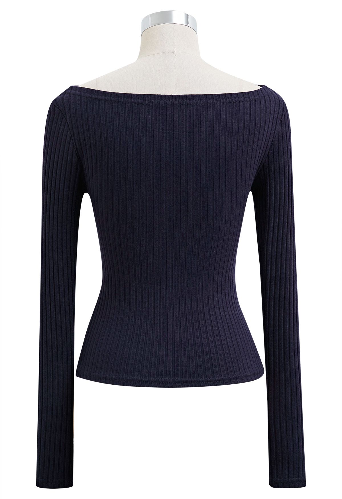 Ribbed Texture Off-Shoulder Ruched Cotton Top in Navy