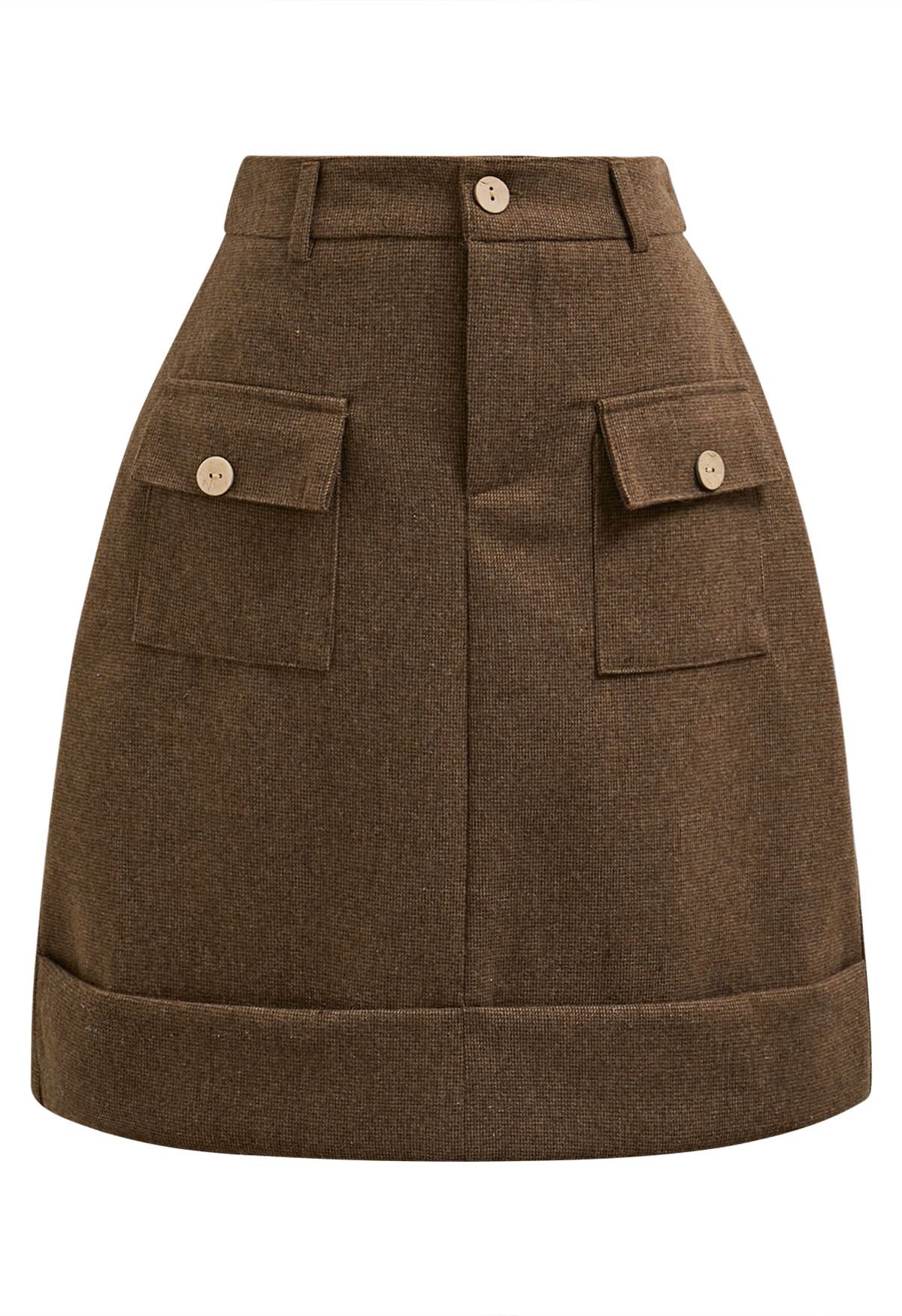 Buttoned Trim Flap Pocket Roll-Hem Tweed Skirt in Brown