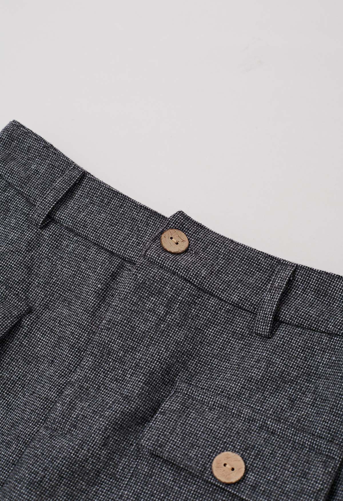 Buttoned Trim Flap Pocket Roll-Hem Tweed Skirt in Grey