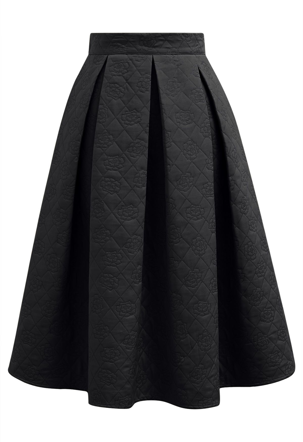 Graceful Silhouette Rose Embossed Pleats Midi Skirt in Black