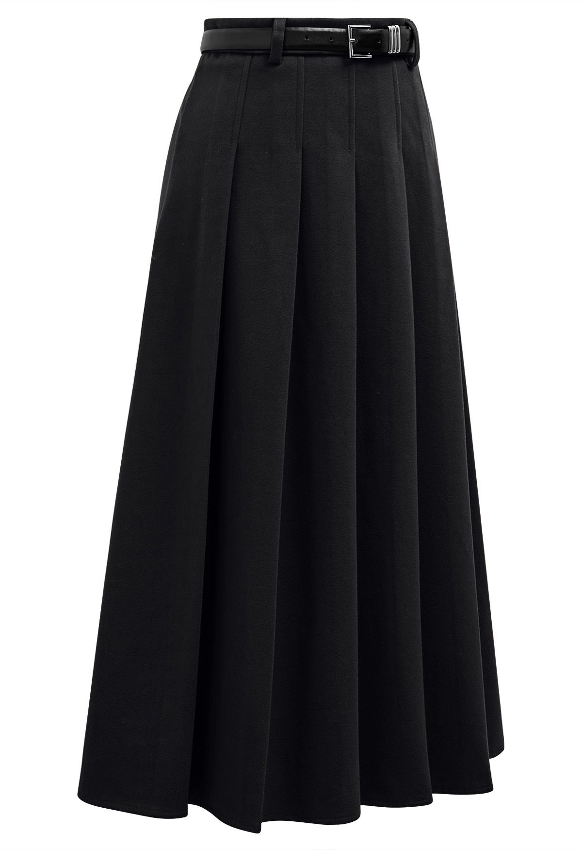 All Seasons Belted Pleated Midi Skirt in Black