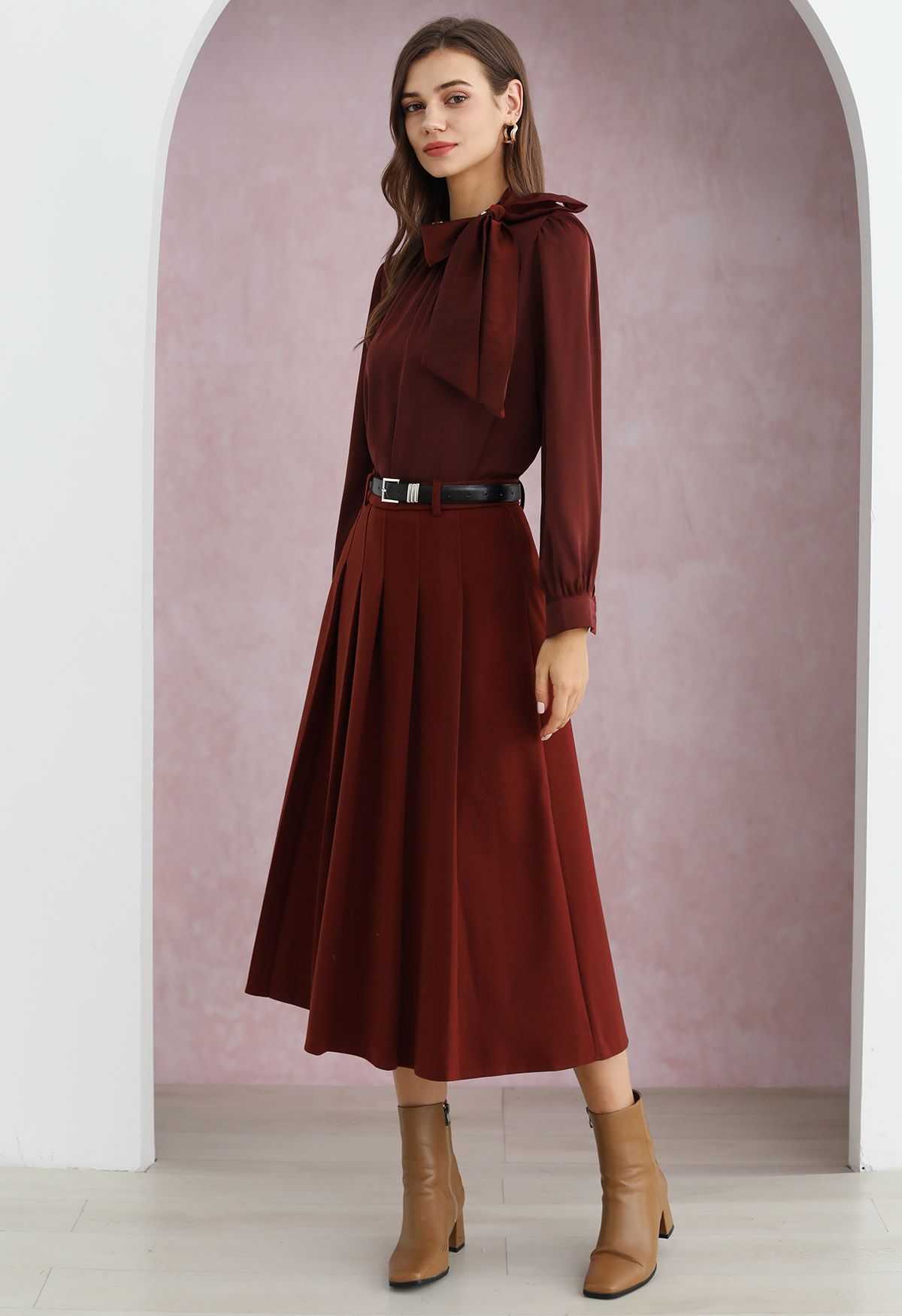 All Seasons Belted Pleated Midi Skirt in Red