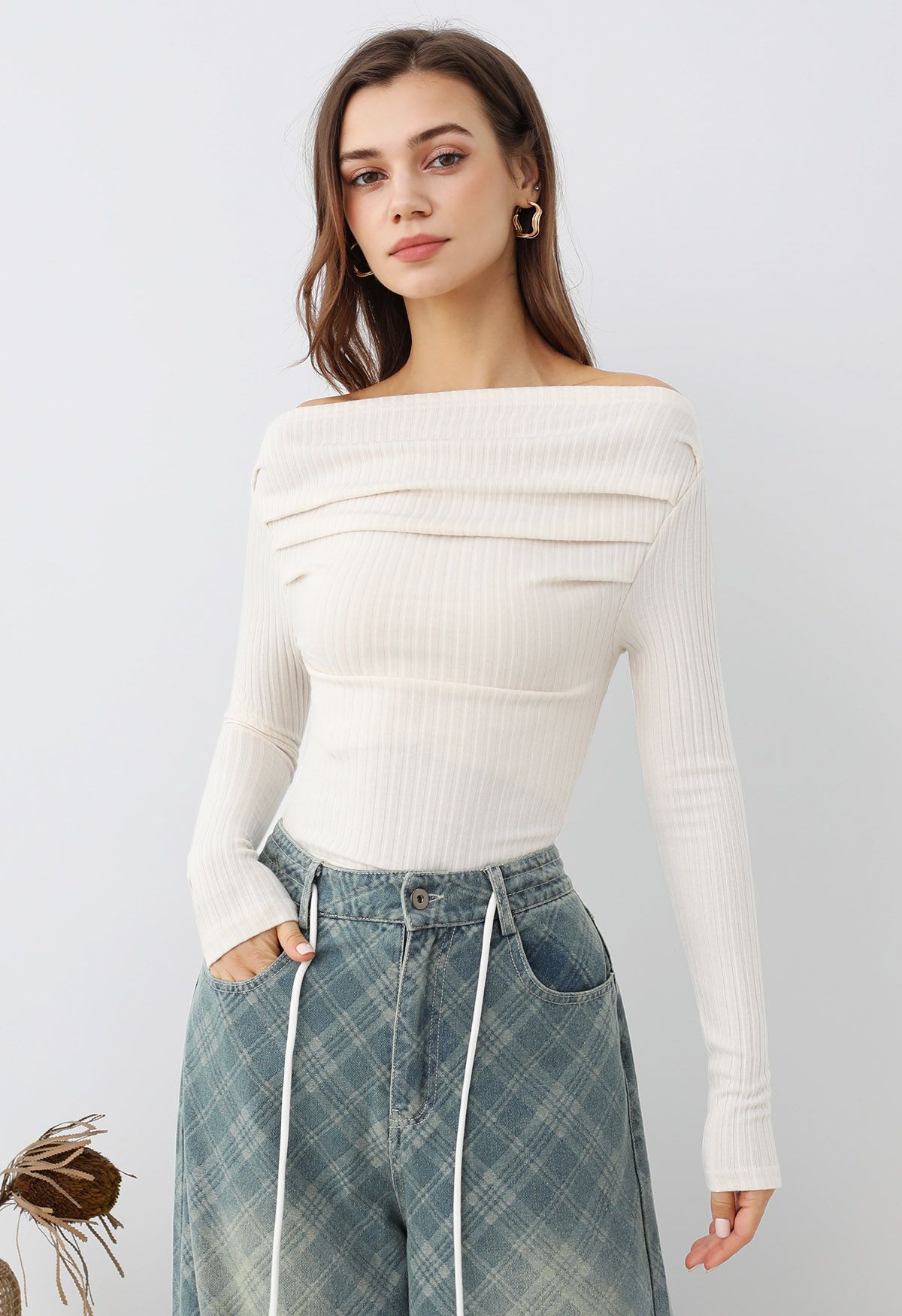 Ribbed Texture Off-Shoulder Ruched Cotton Top in Ivory