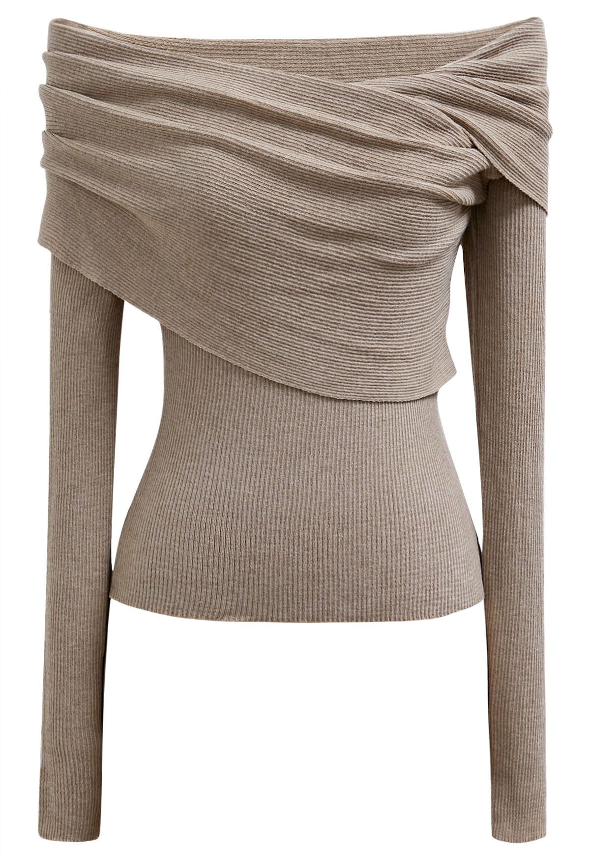 Soft Elegance Off-Shoulder Flap Knit Top in Sand