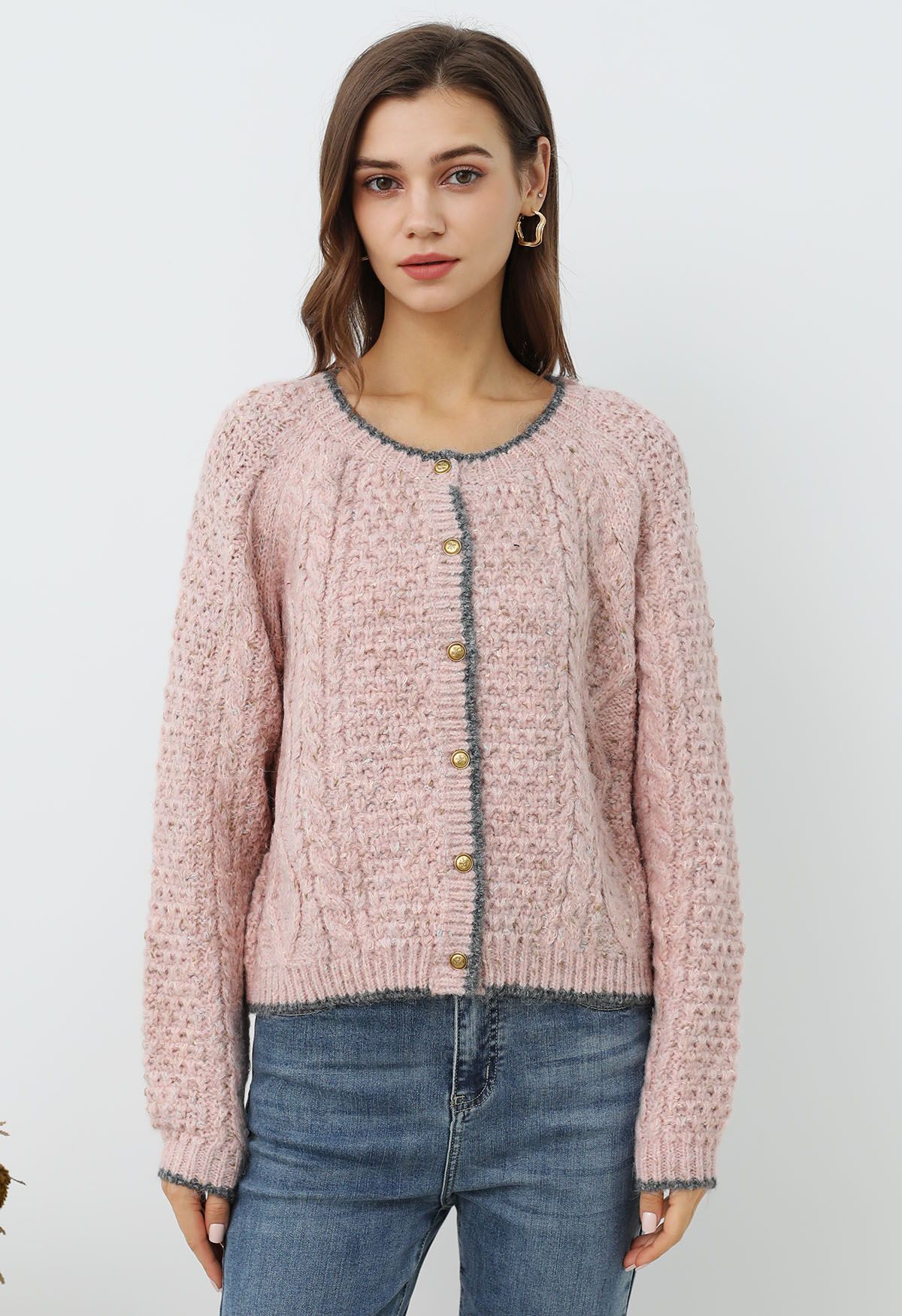 Contrast Edges Braided Knit Buttoned Cardigan in Pink