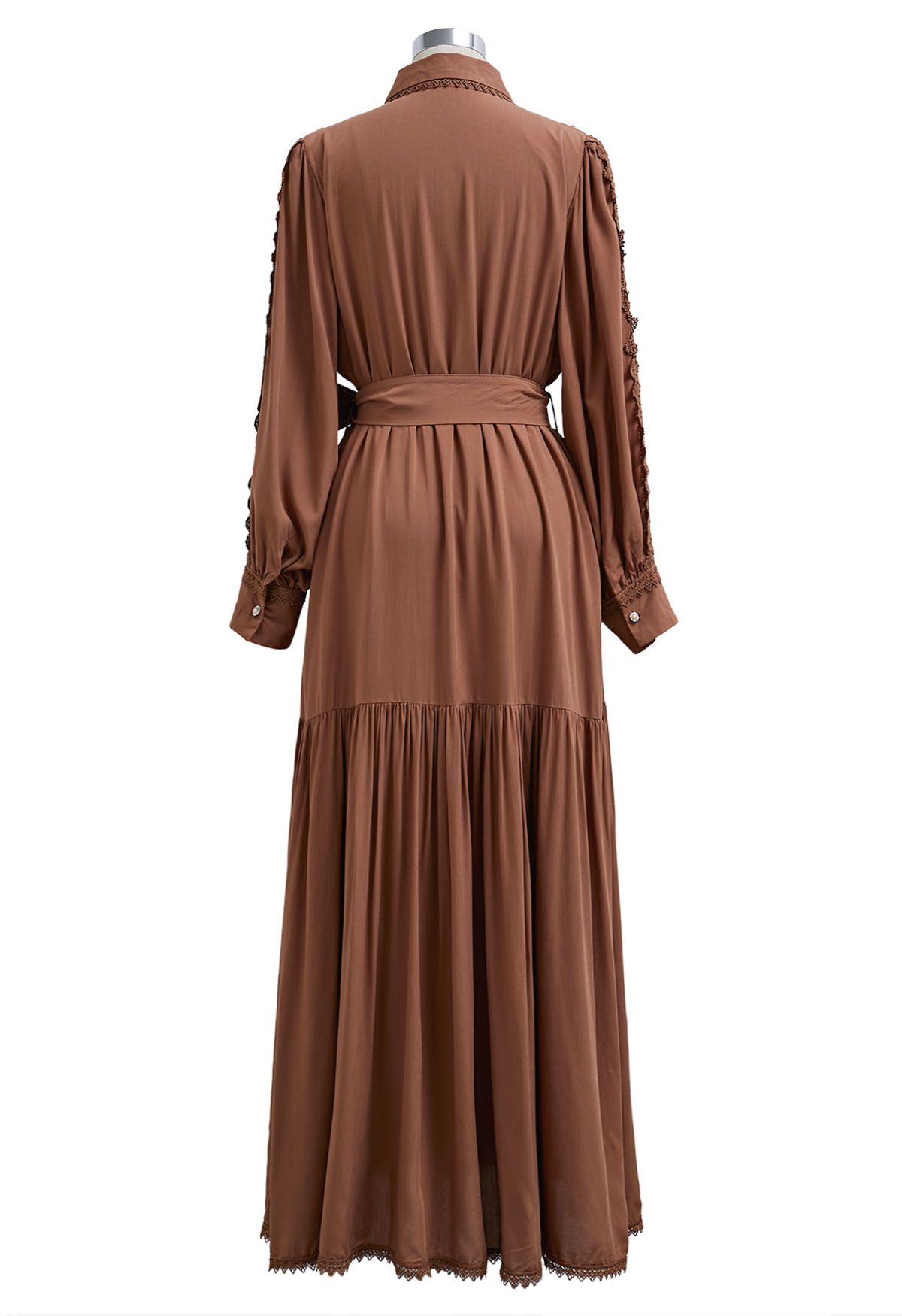 Captivating Lace Tie-Waist Button Down Maxi Dress in Brown