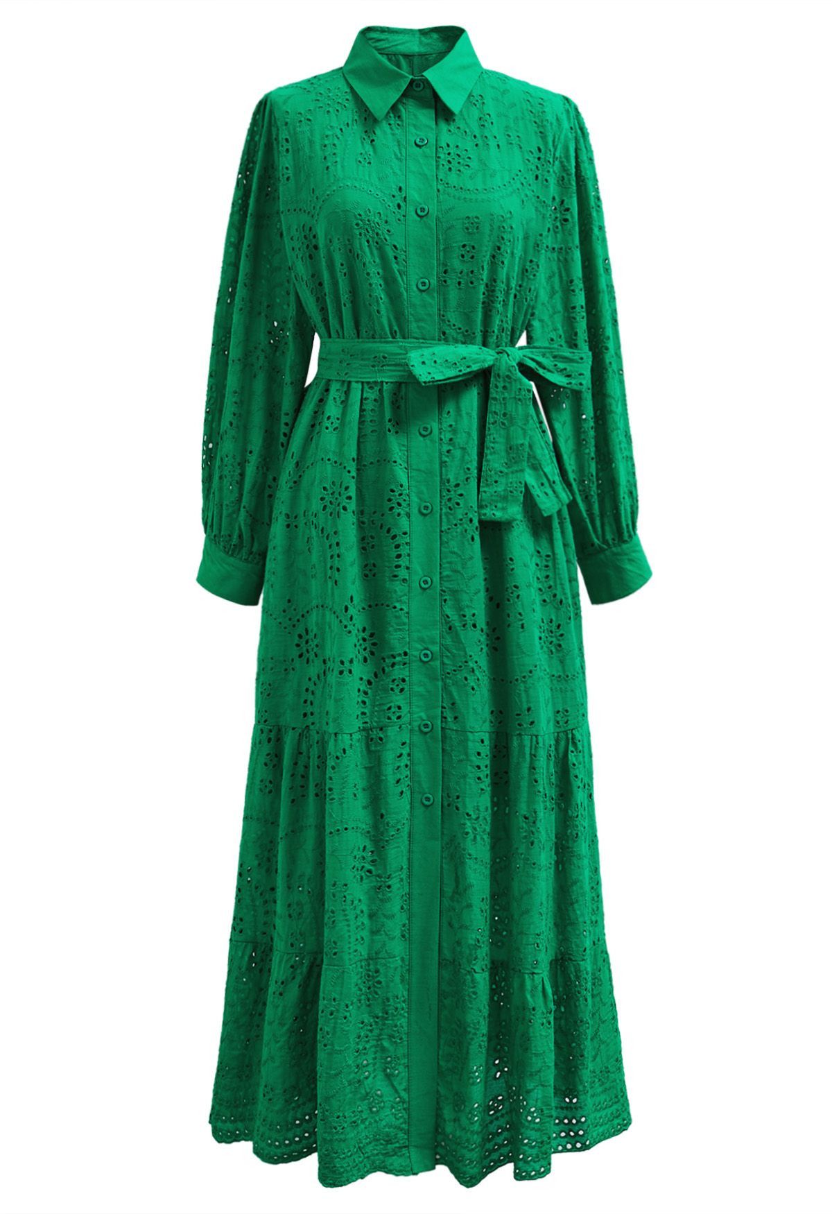 Delicate Eyelet Embroidery Tie-Waist Buttoned Midi Dress in Green