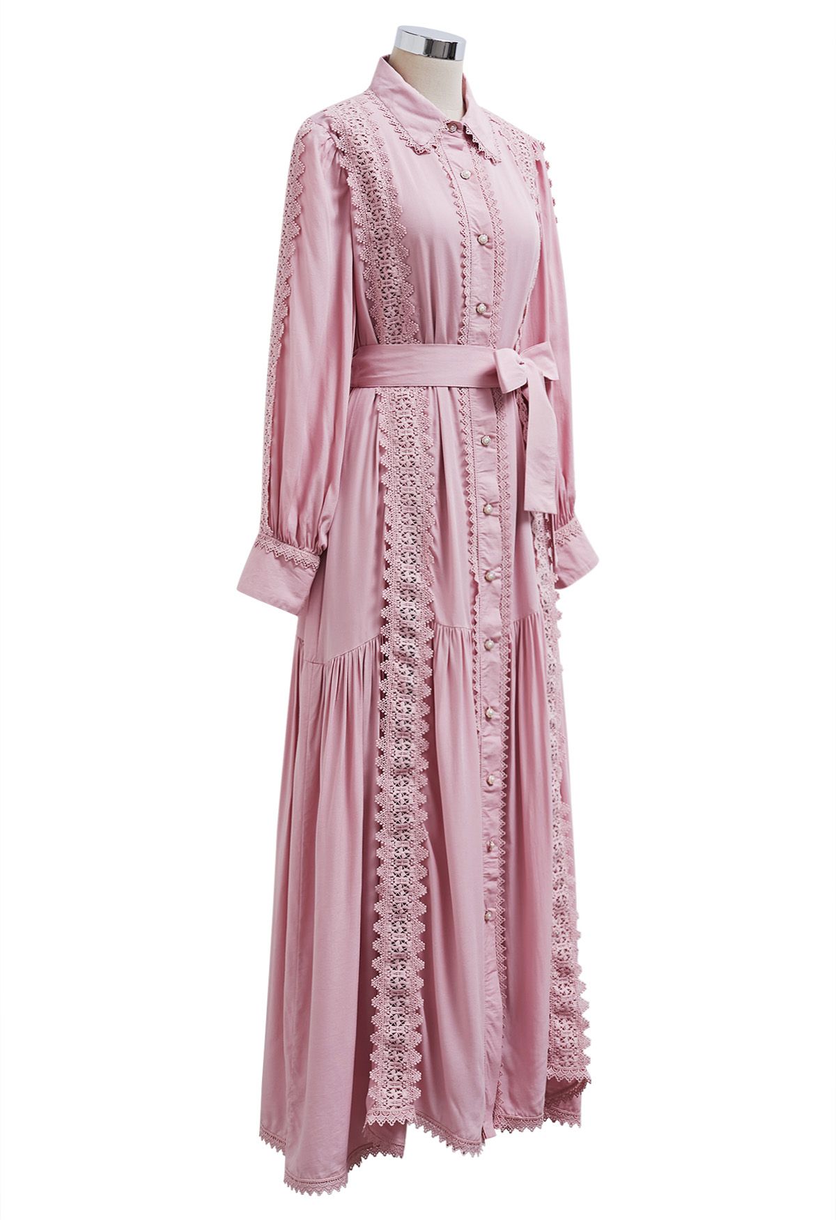 Captivating Lace Tie-Waist Button Down Maxi Dress in Pink