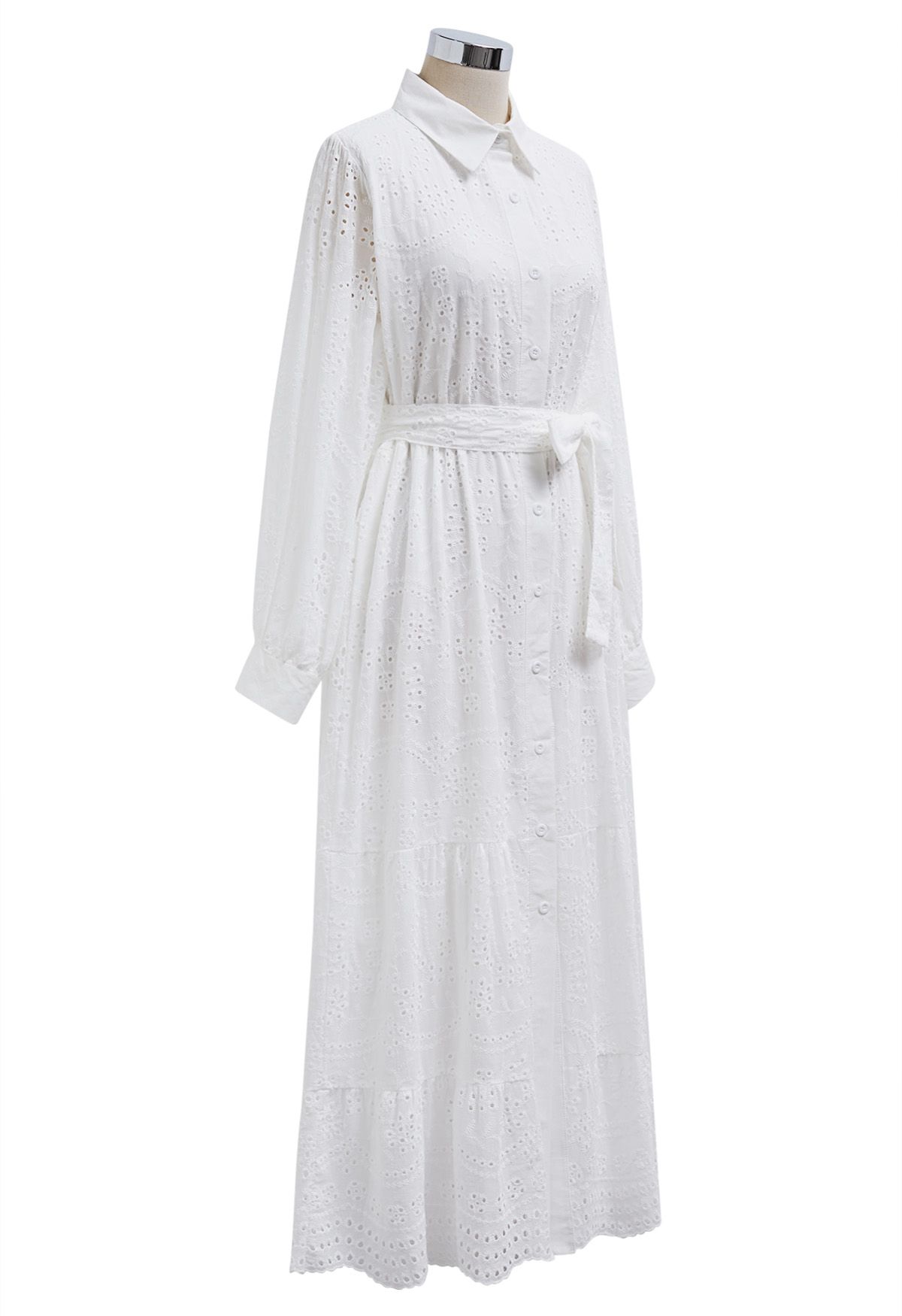 Delicate Eyelet Embroidery Tie-Waist Buttoned Midi Dress in White