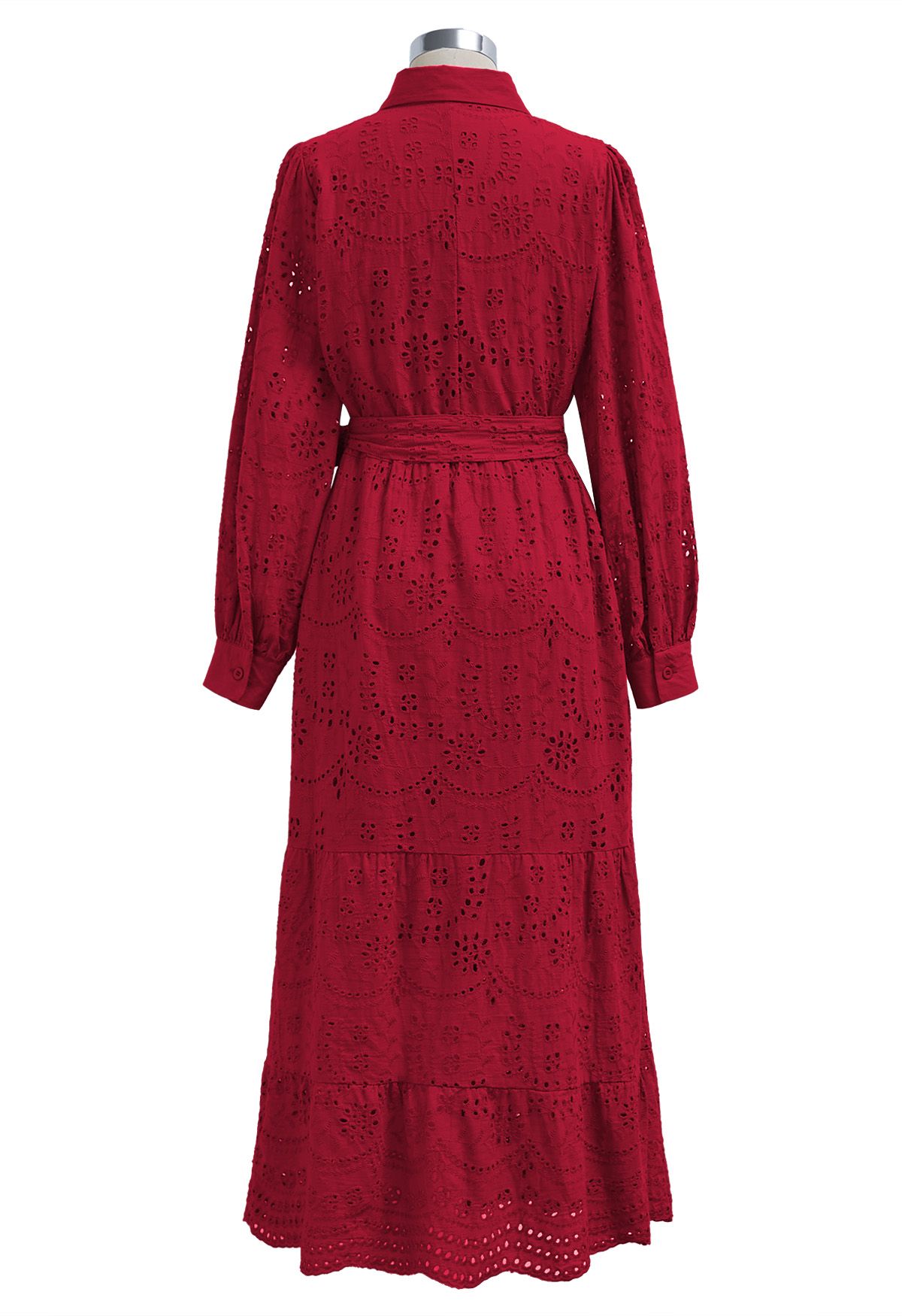 Delicate Eyelet Embroidery Tie-Waist Buttoned Midi Dress in Red