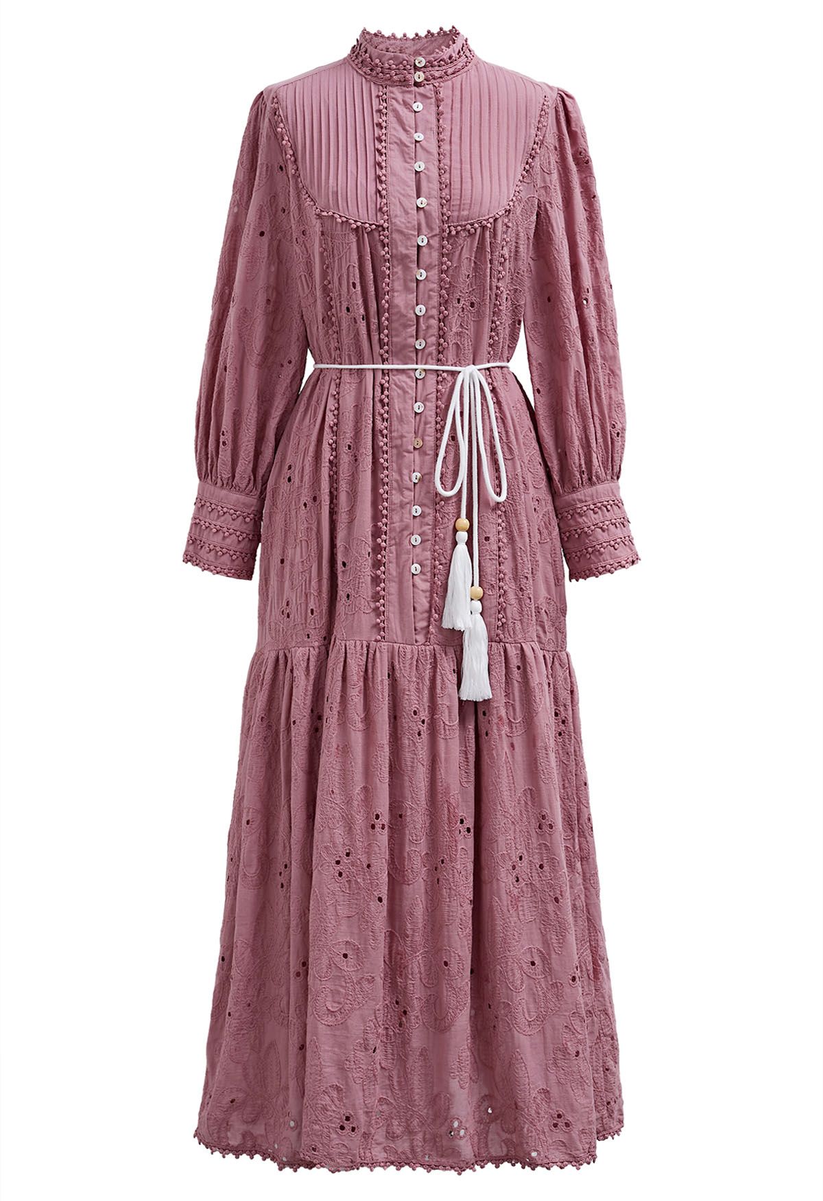 Floral Eyelet Embroidery Tassel String Buttoned Maxi Dress in Mauve