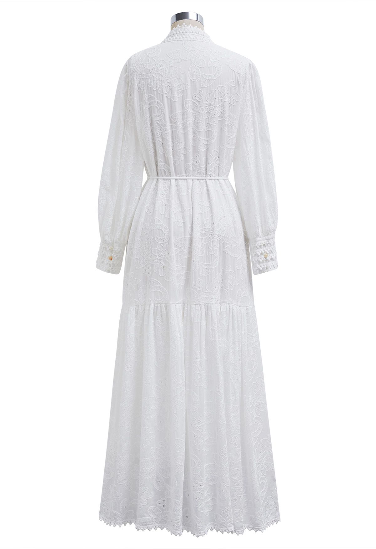 Floral Eyelet Embroidery Tassel String Buttoned Maxi Dress in White