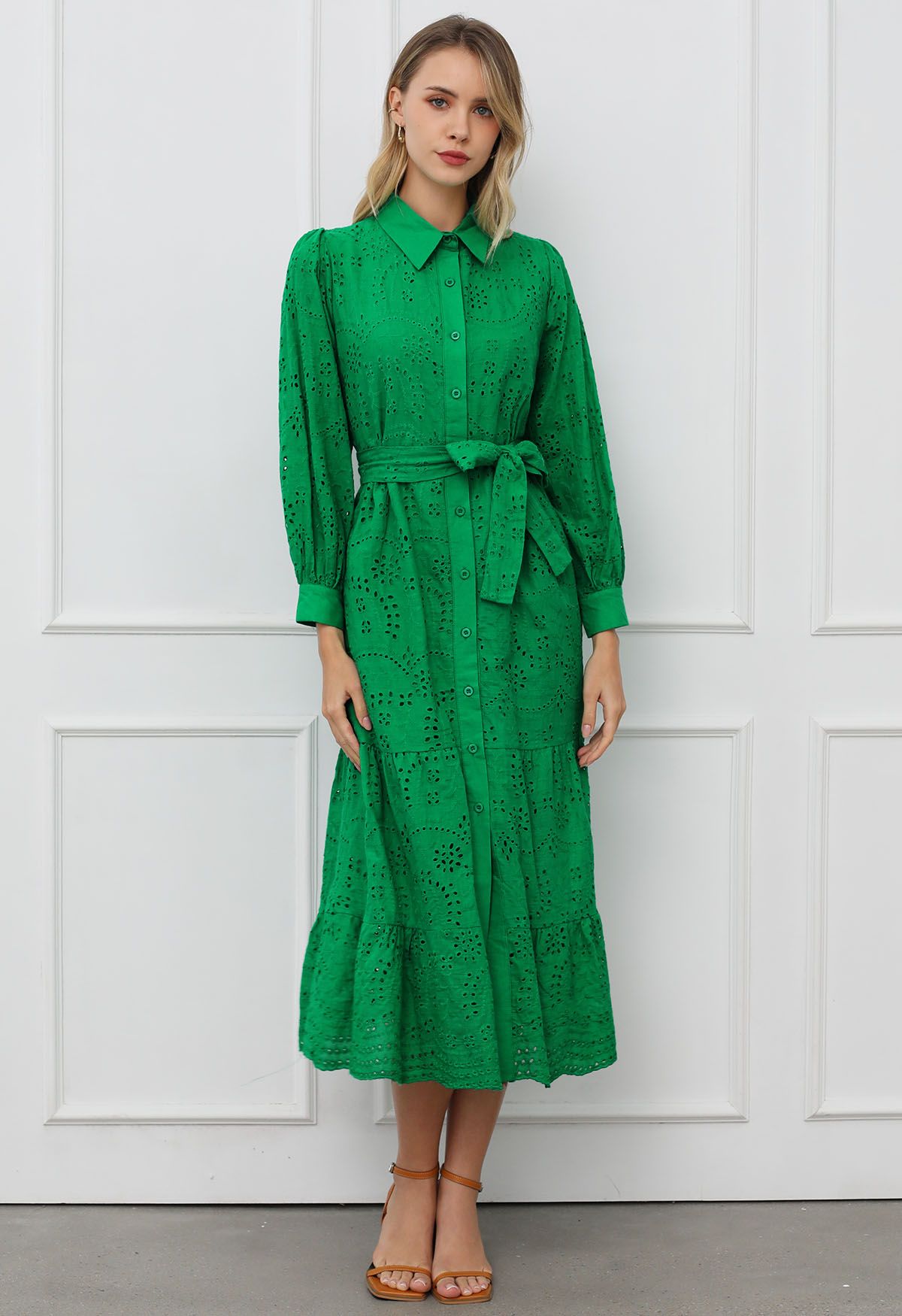 Delicate Eyelet Embroidery Tie-Waist Buttoned Midi Dress in Green