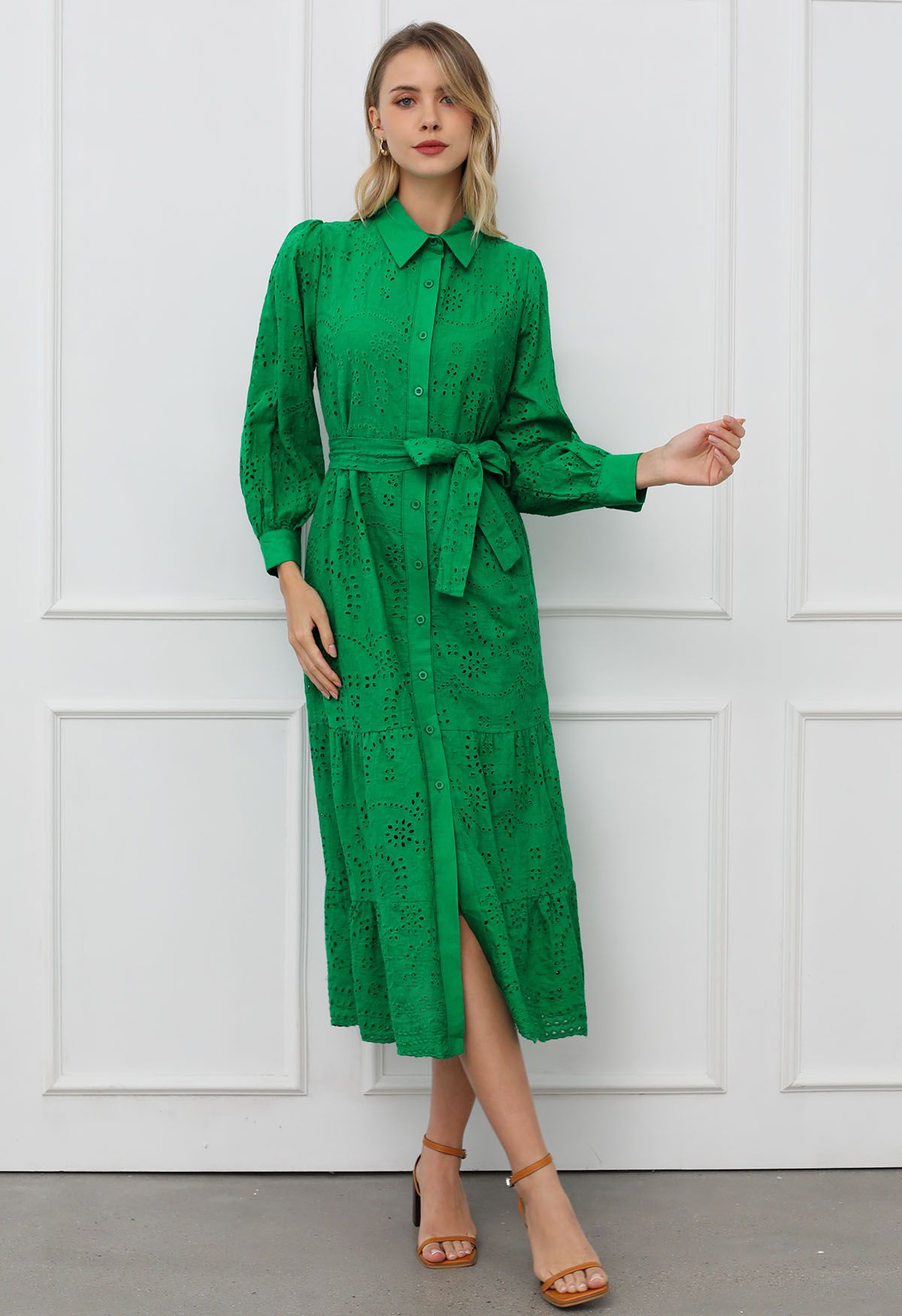 Delicate Eyelet Embroidery Tie-Waist Buttoned Midi Dress in Green