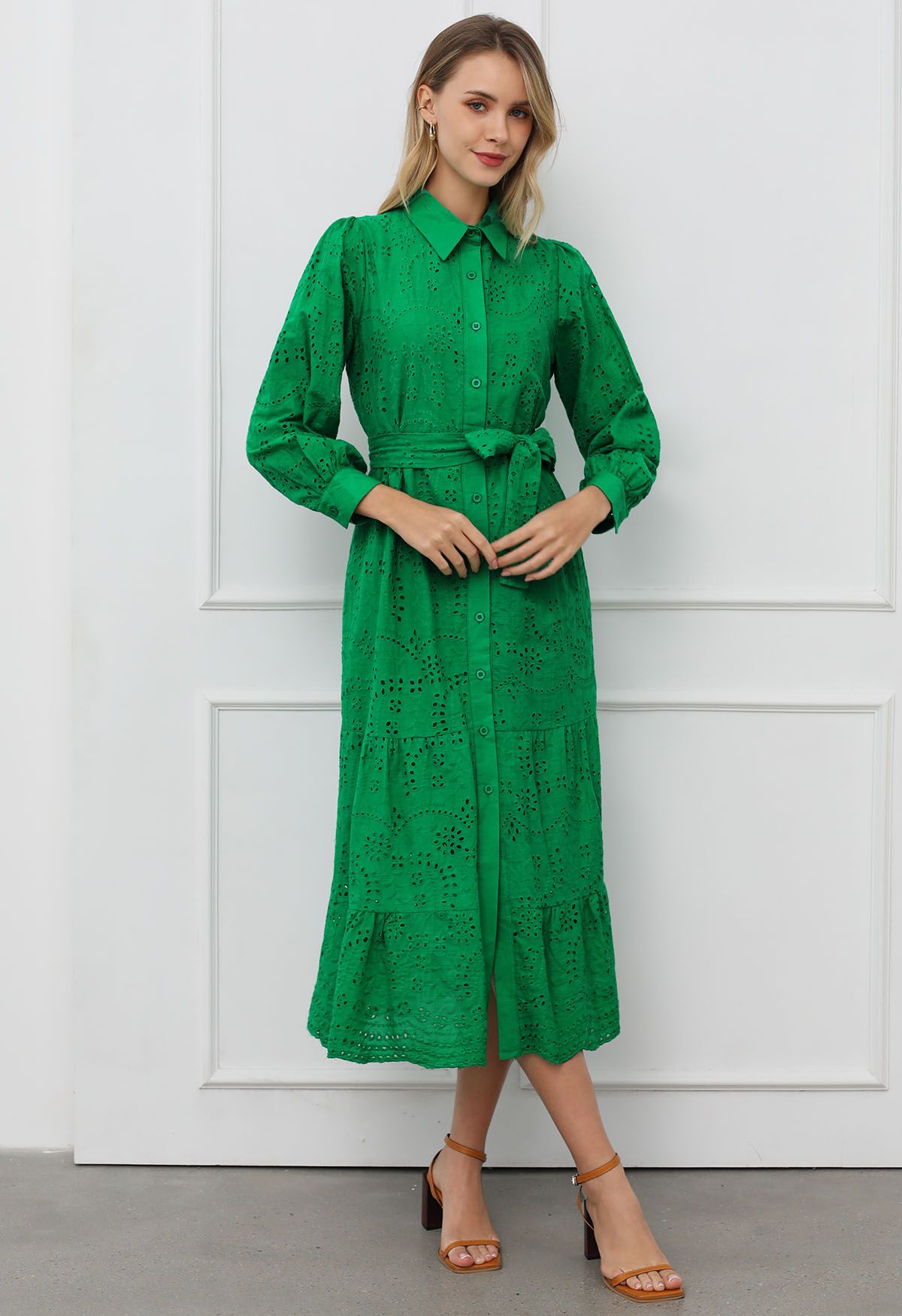 Delicate Eyelet Embroidery Tie-Waist Buttoned Midi Dress in Green