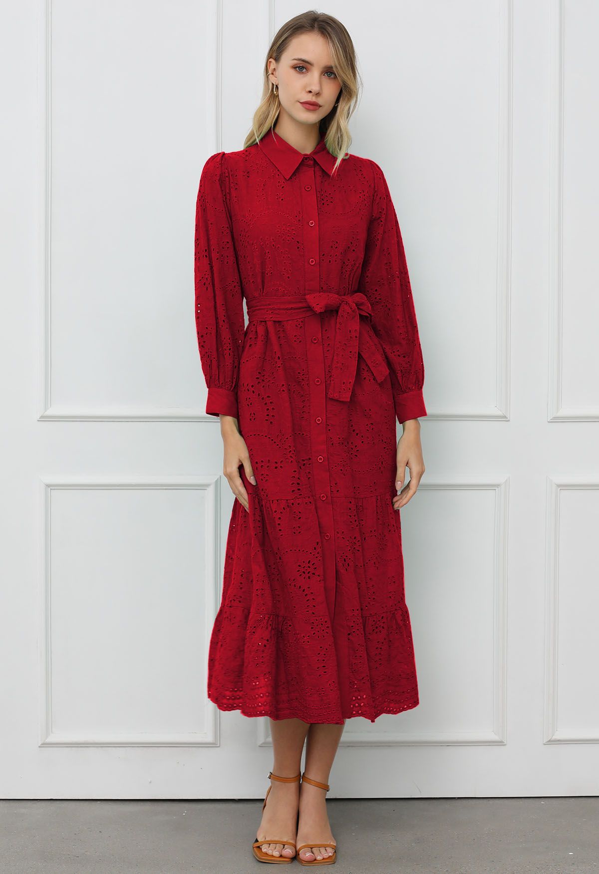 Delicate Eyelet Embroidery Tie-Waist Buttoned Midi Dress in Red