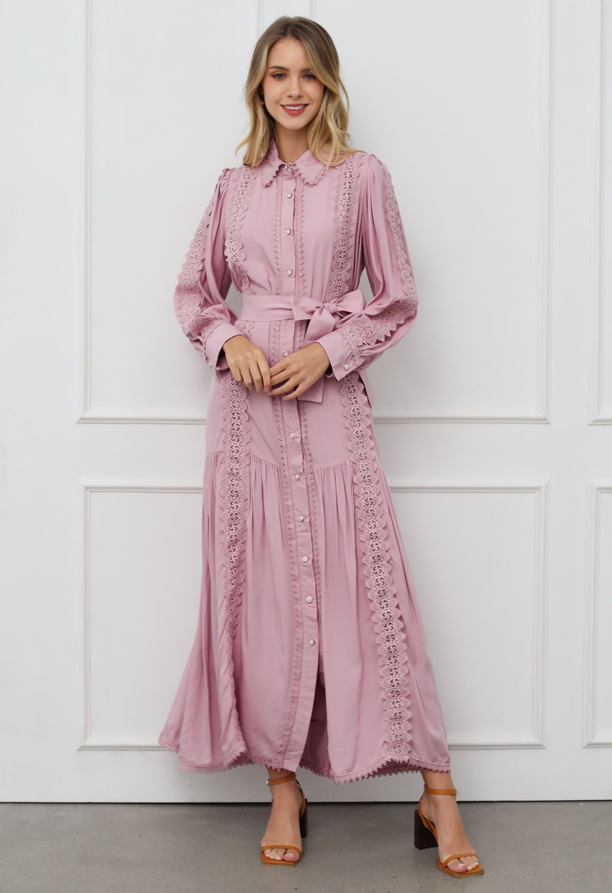 Captivating Lace Tie-Waist Button Down Maxi Dress in Pink