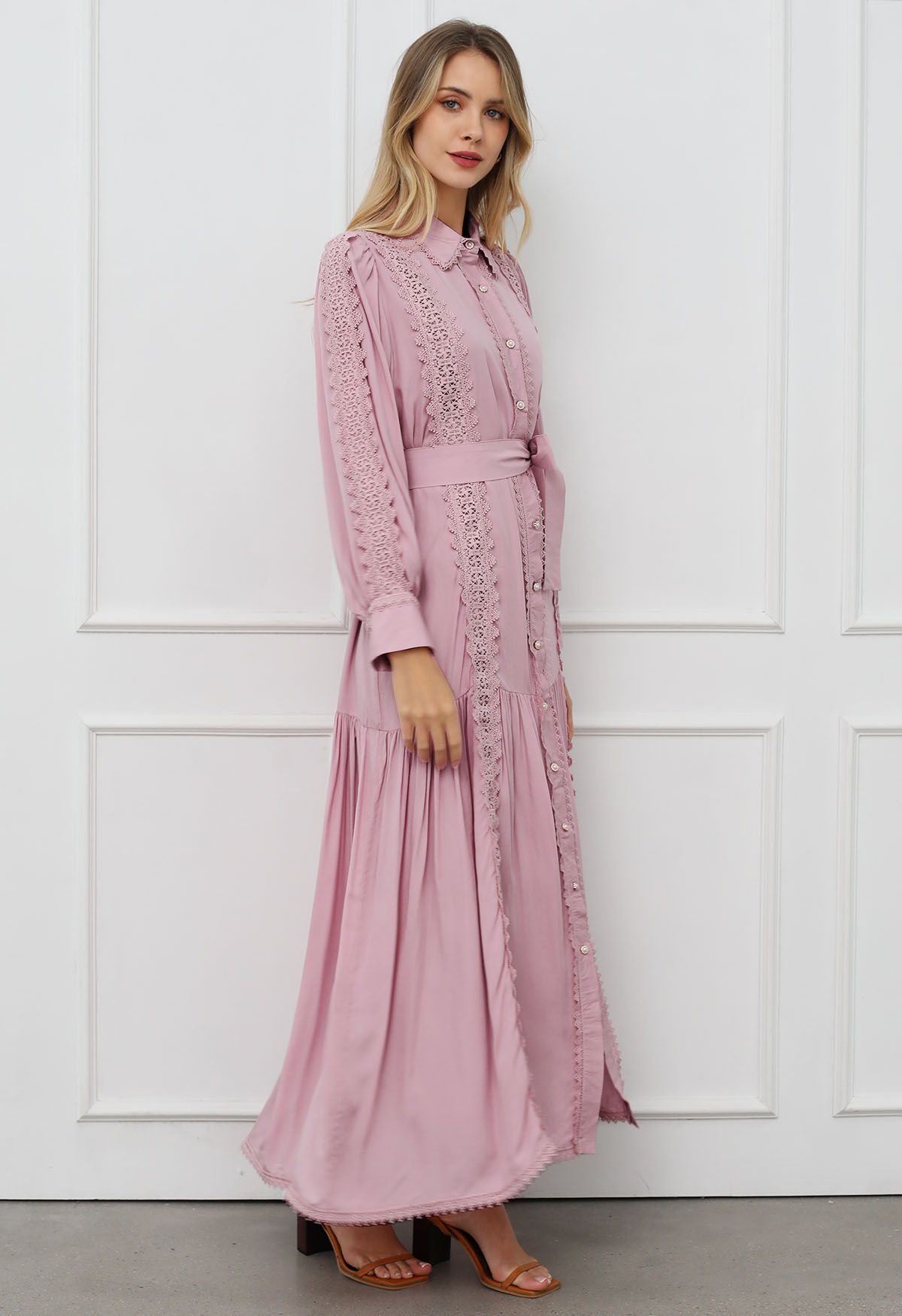 Captivating Lace Tie-Waist Button Down Maxi Dress in Pink