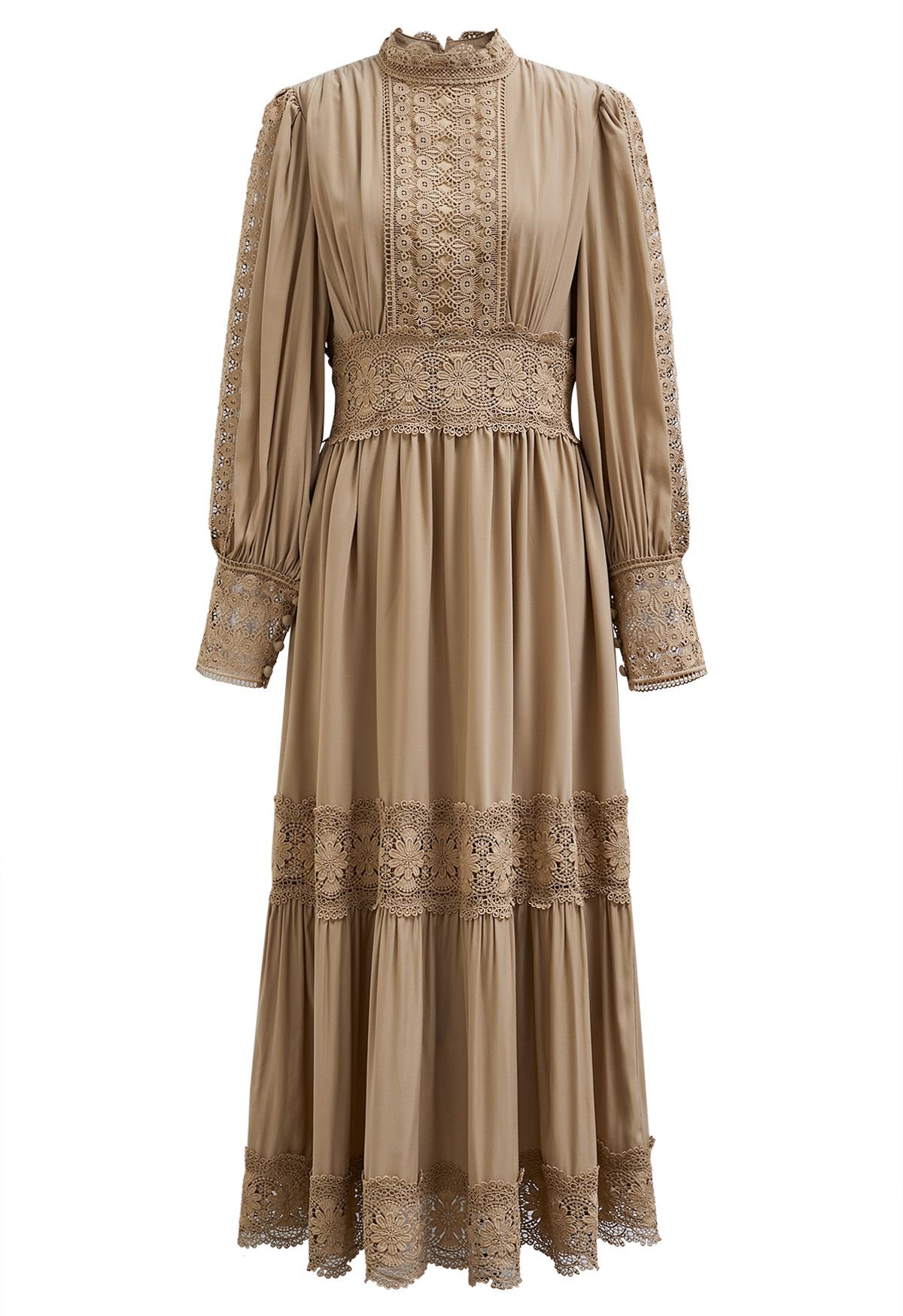 Victorian Elegance Cutwork Lace Maxi Dress in Tan