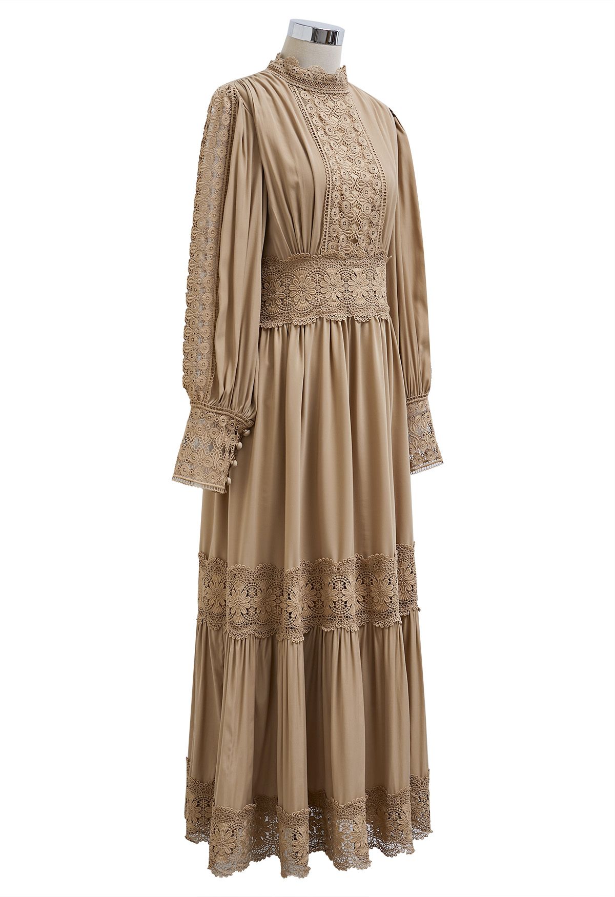 Victorian Elegance Cutwork Lace Maxi Dress in Tan