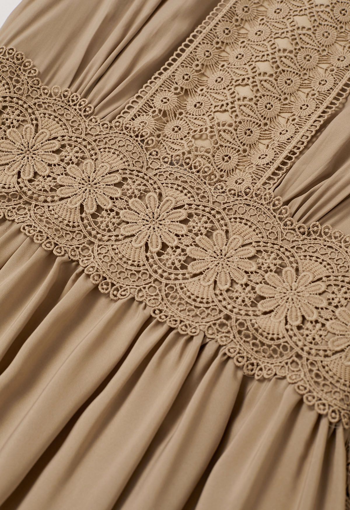 Victorian Elegance Cutwork Lace Maxi Dress in Tan