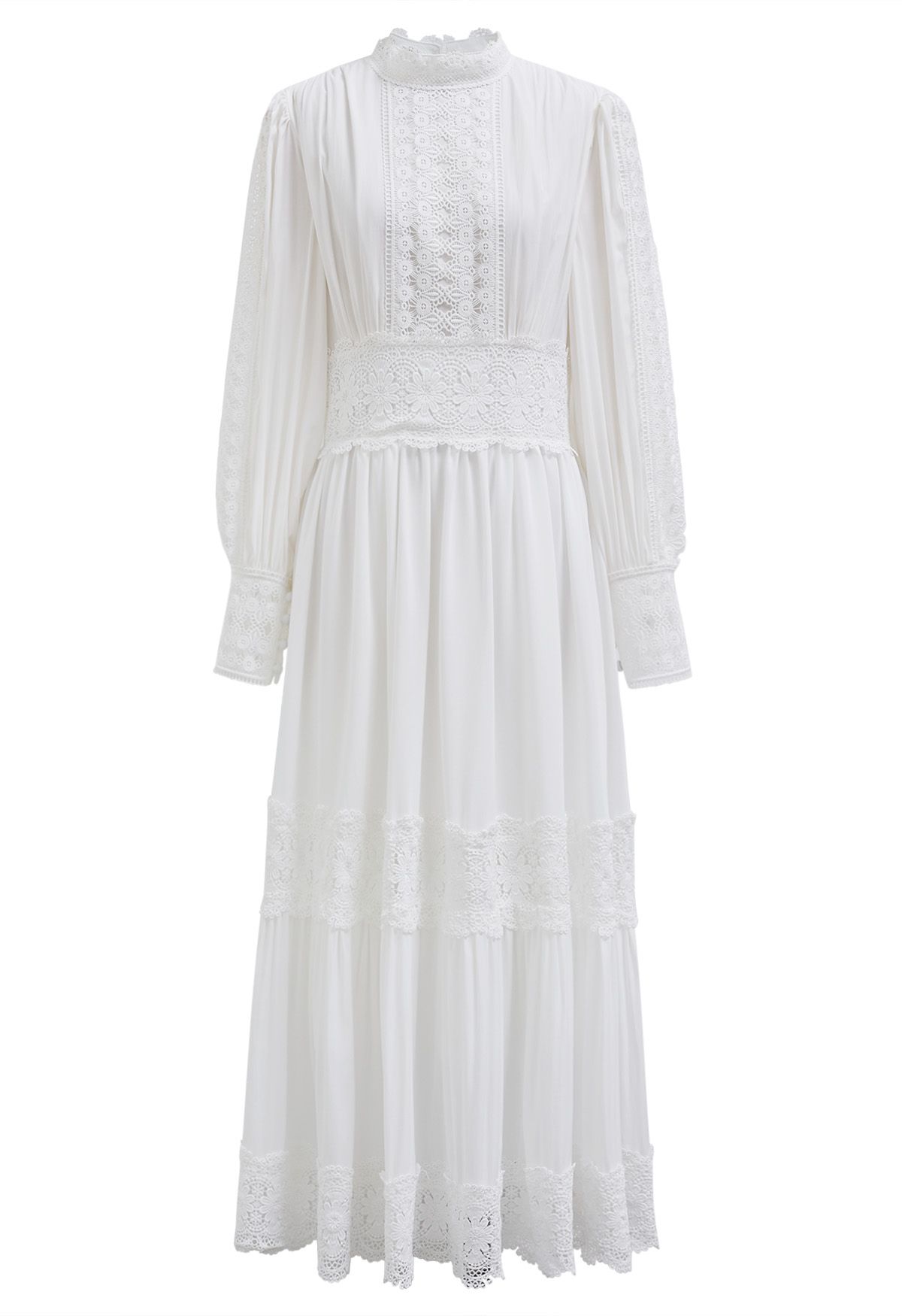 Victorian Elegance Cutwork Lace Maxi Dress in White