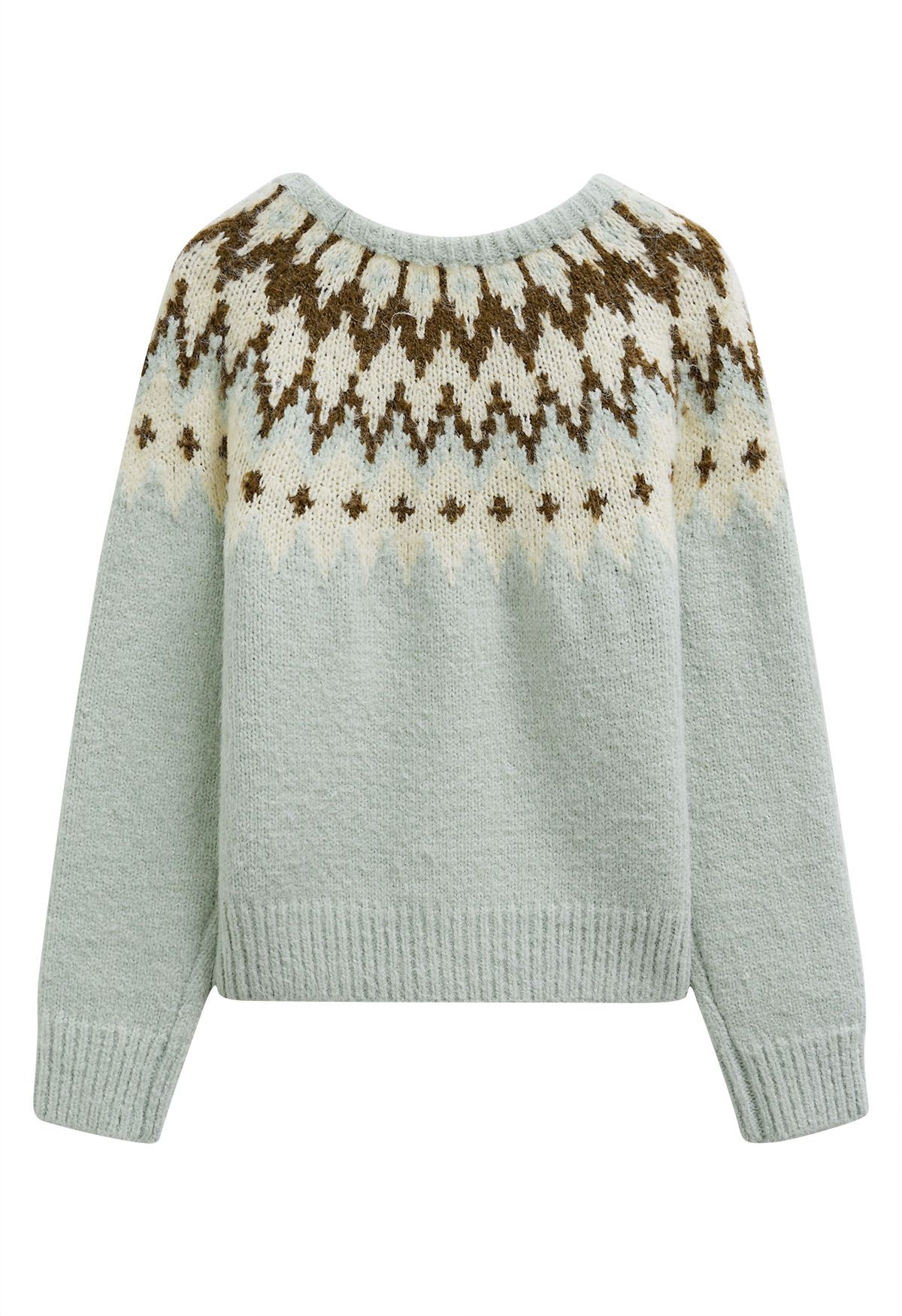 Winter Whimsy Fair Isle Ribbed Knit Sweater in Mint