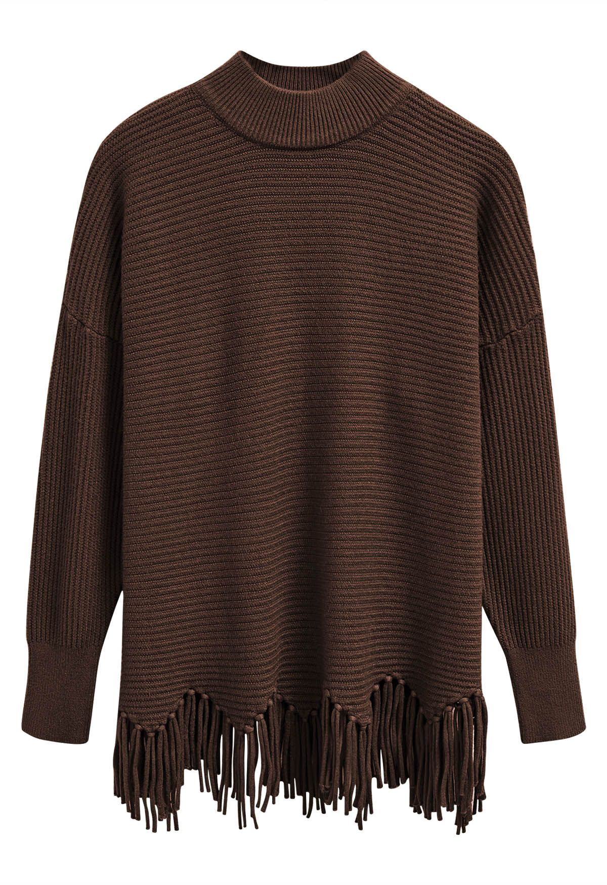 Asymmetric Fringe Hem Drop Shoulder Knit Sweater in Brown