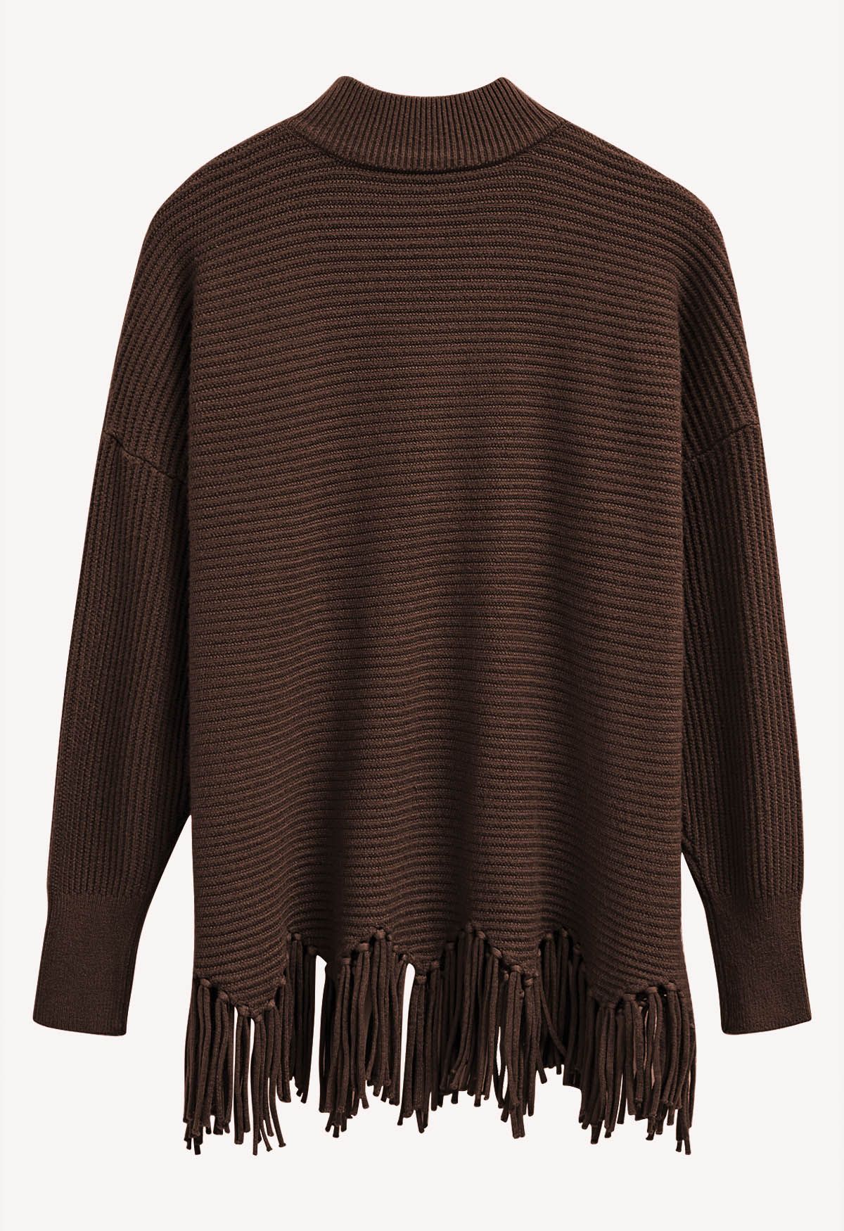 Asymmetric Fringe Hem Drop Shoulder Knit Sweater in Brown