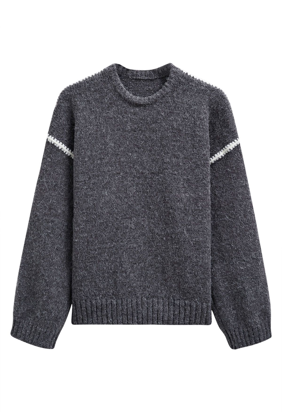 Whipstitch-Trimmed Dropped Shoulder Knit Sweater in Smoke