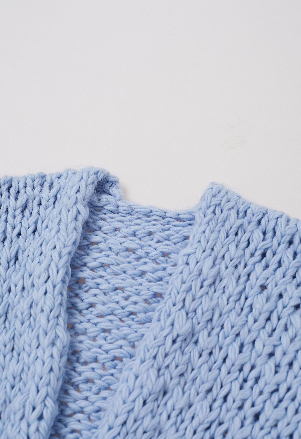 Chunky Hand Knit Patch Pocket Open Front Cardigan in Baby Blue