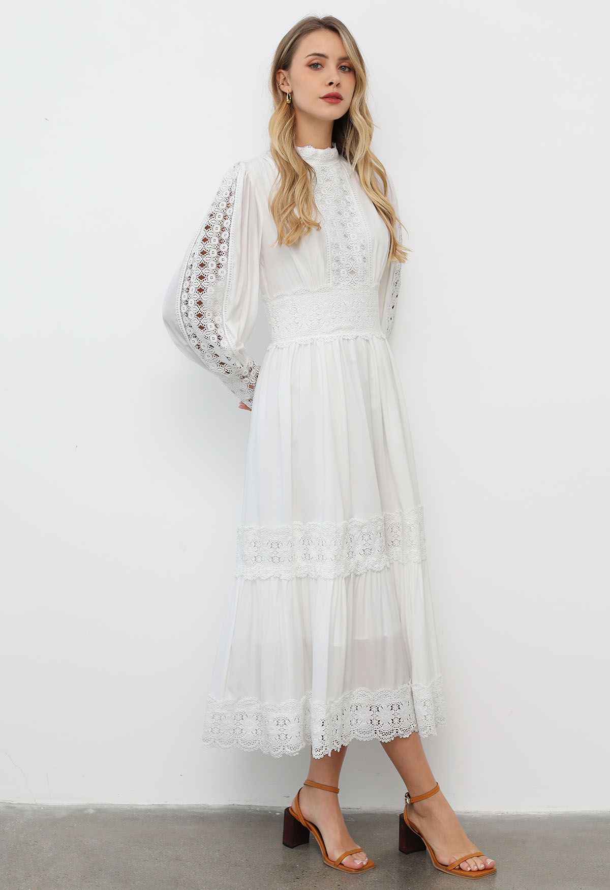 Victorian Elegance Cutwork Lace Maxi Dress in White