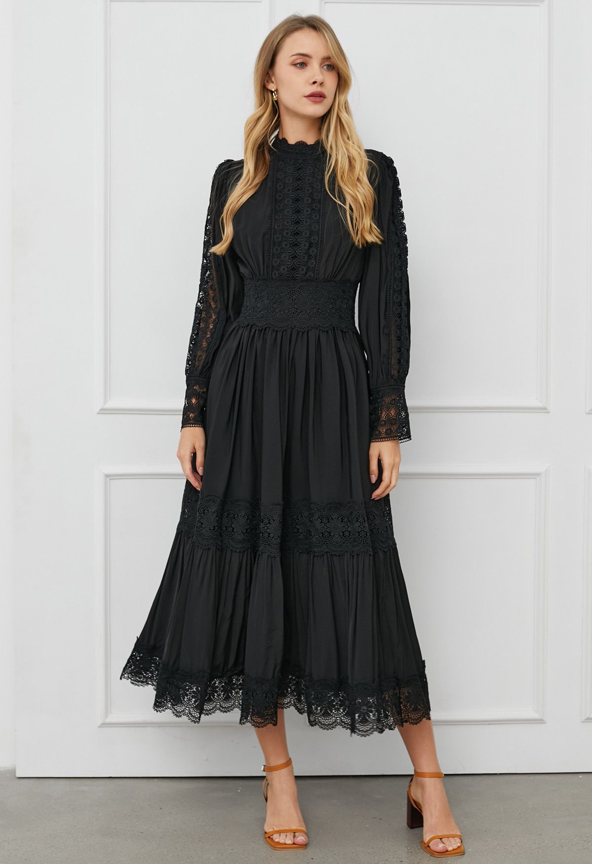 Victorian Elegance Cutwork Lace Maxi Dress in Black