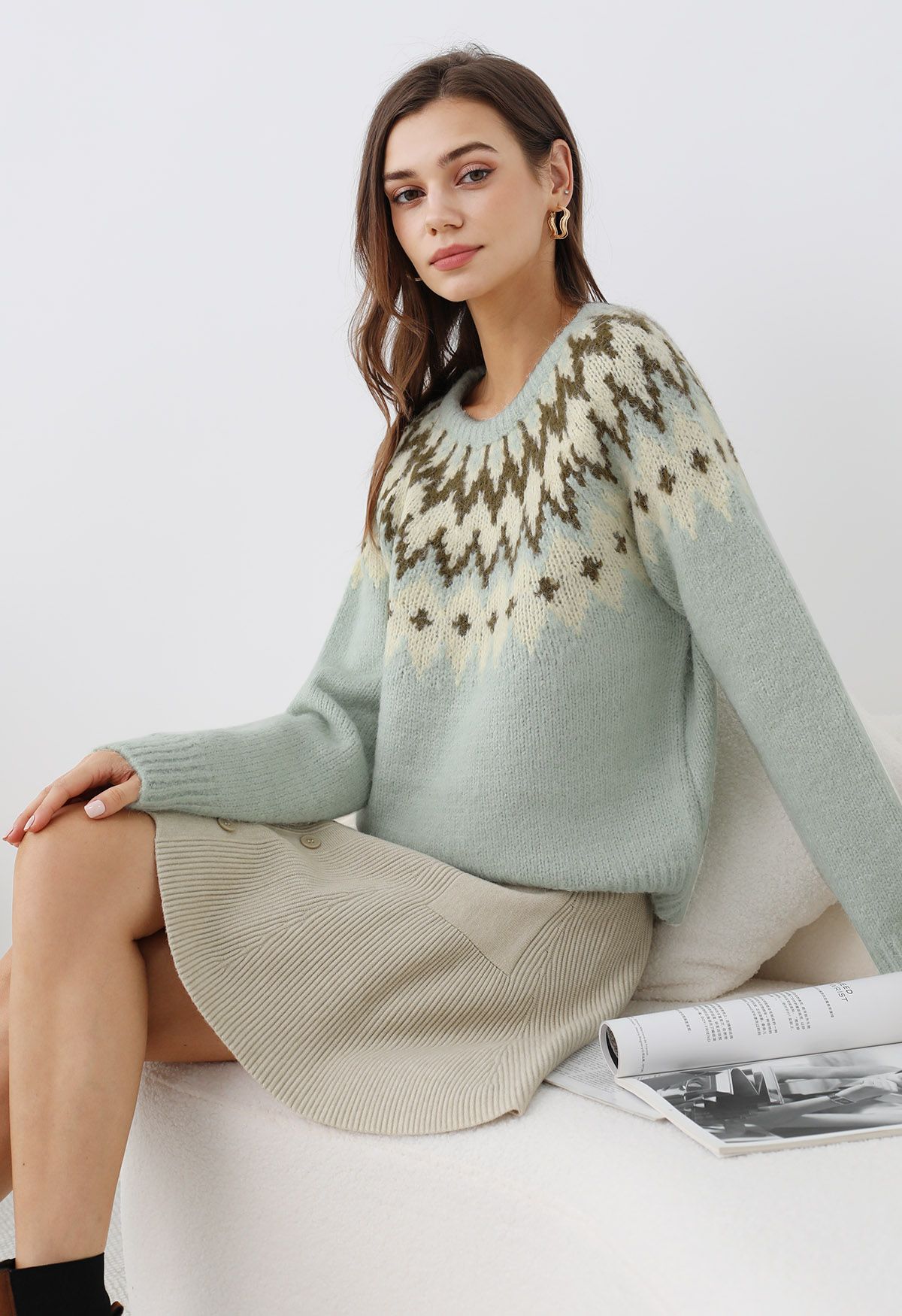 Winter Whimsy Fair Isle Ribbed Knit Sweater in Mint