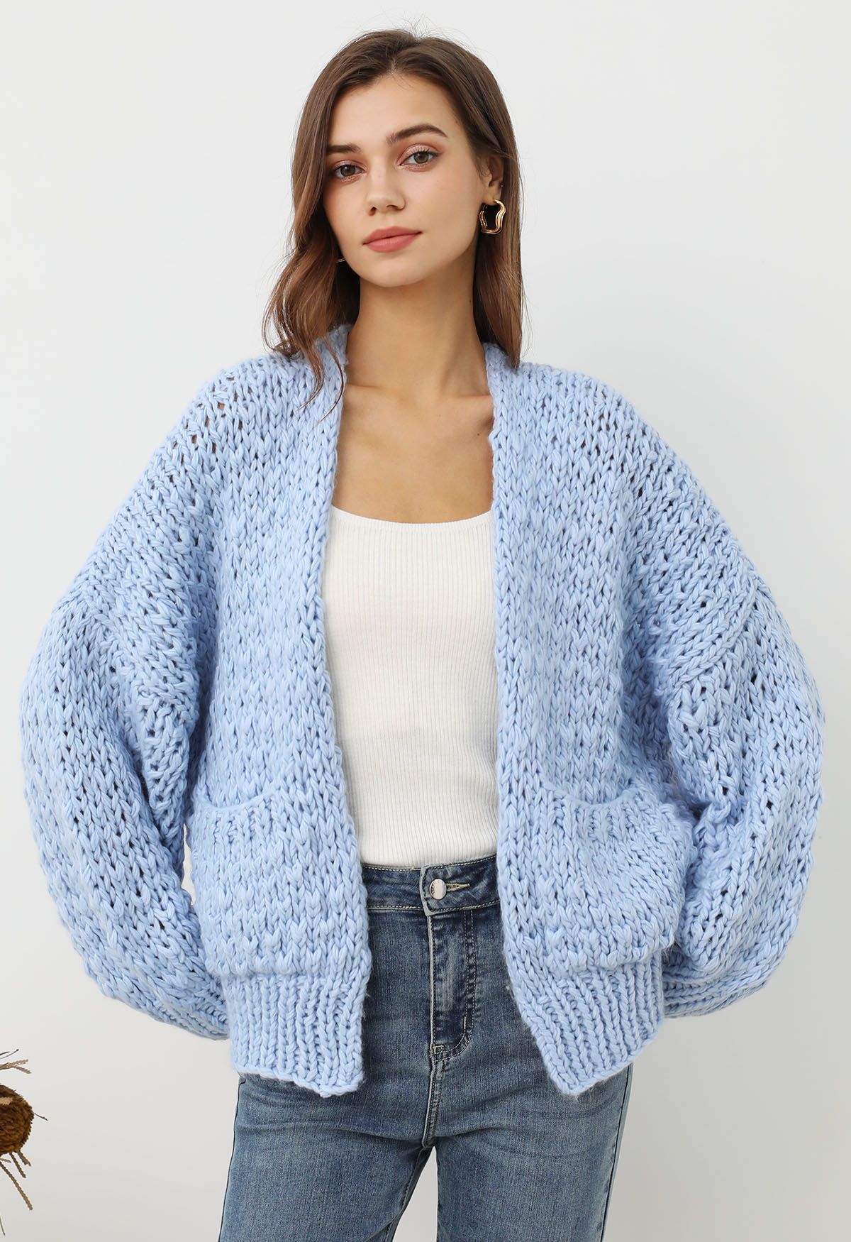 Chunky Hand Knit Patch Pocket Open Front Cardigan in Baby Blue