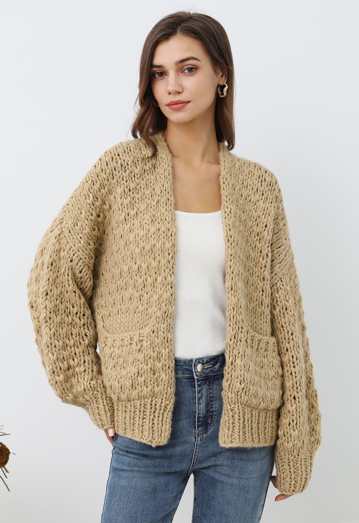 Chunky Hand Knit Patch Pocket Open Front Cardigan in Light Tan