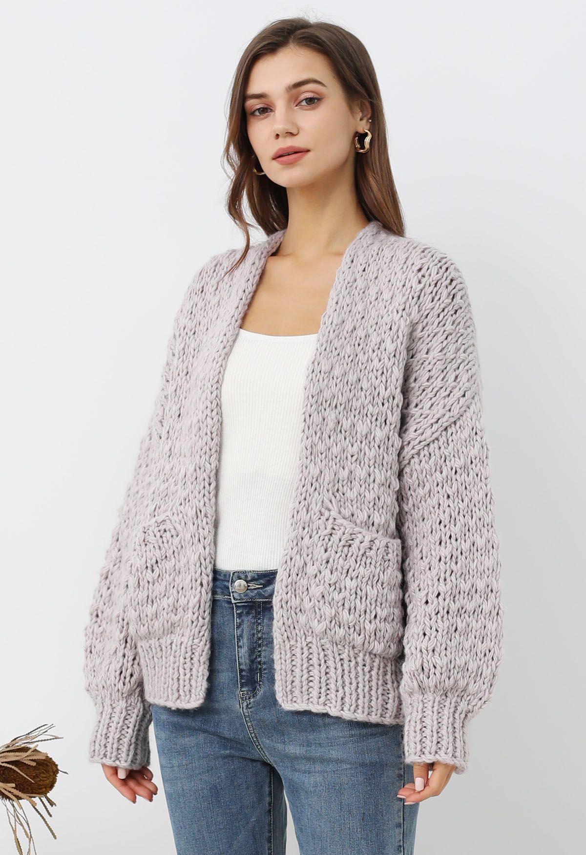 Chunky Hand Knit Patch Pocket Open Front Cardigan in Lilac