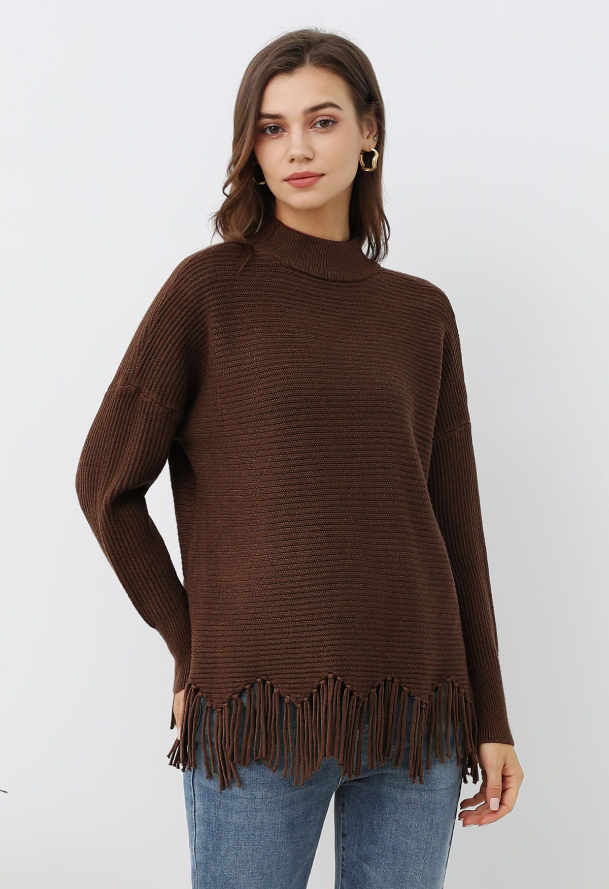 Asymmetric Fringe Hem Drop Shoulder Knit Sweater in Brown