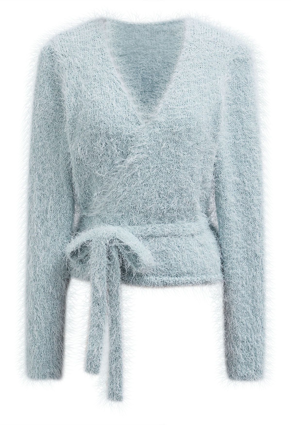 Wrap V-Neck Tie-Waist Fuzzy Knit Top in Light Blue