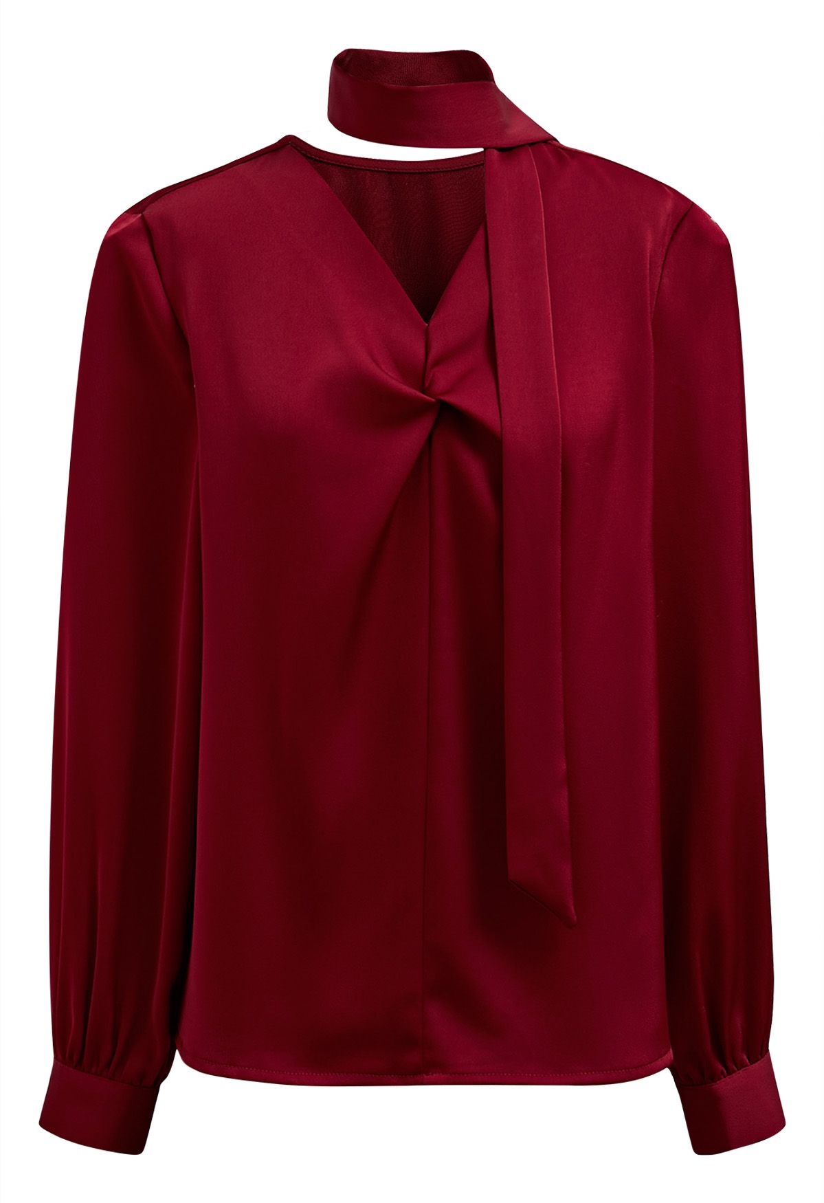 Ribbon V-Neckline Twist Detail Satin Top in Red