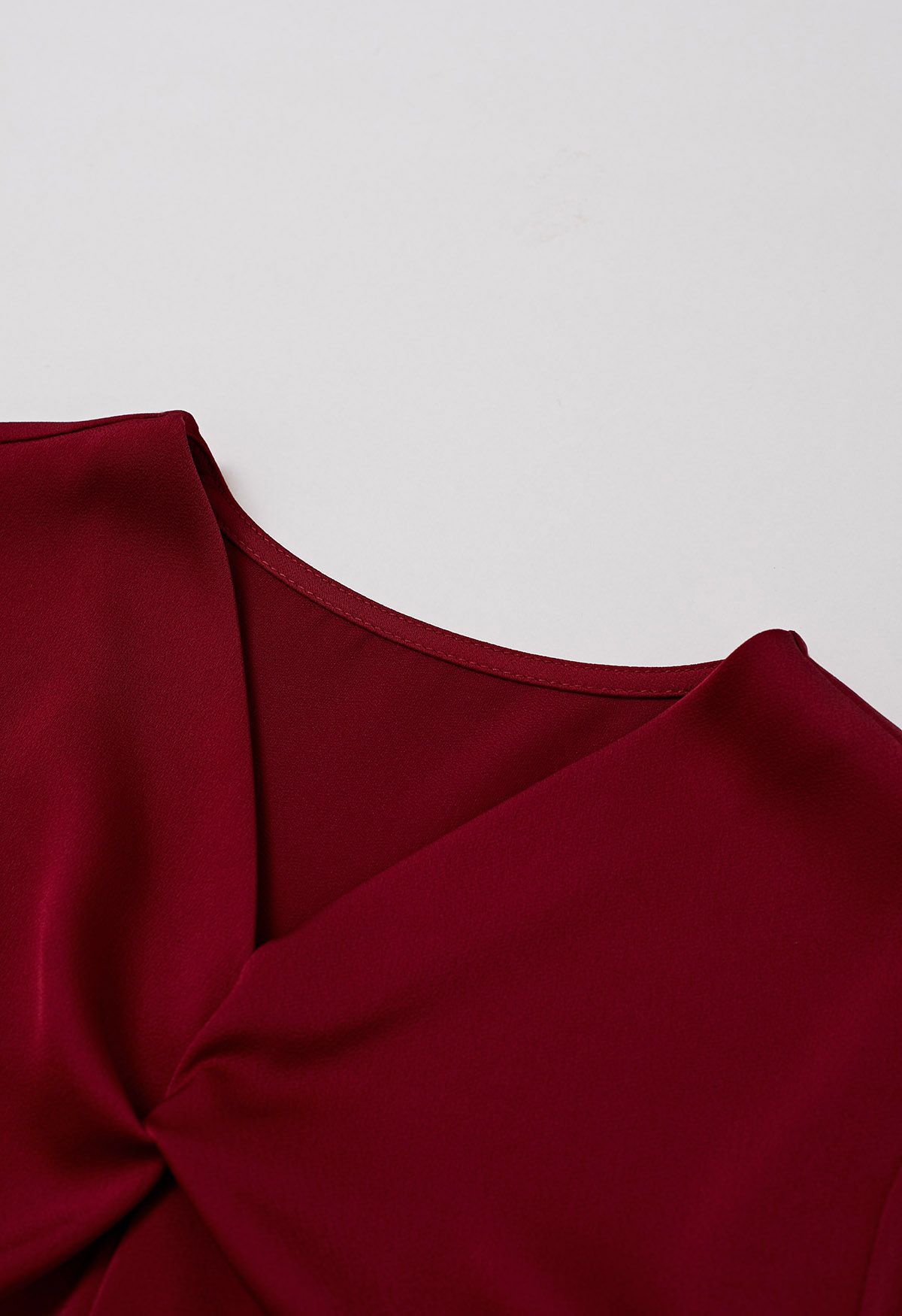 Ribbon V-Neckline Twist Detail Satin Top in Red