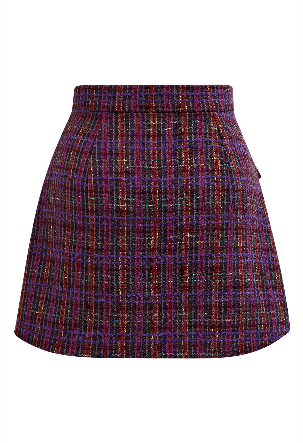 Plaid Tweed Asymmetric Mini Skirt in Purple