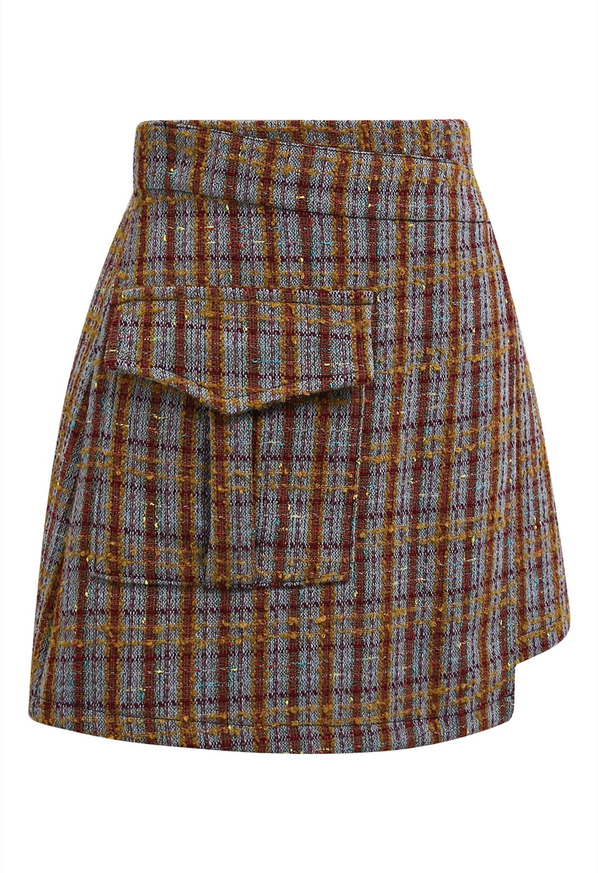 Plaid Tweed Asymmetric Mini Skirt in Blue