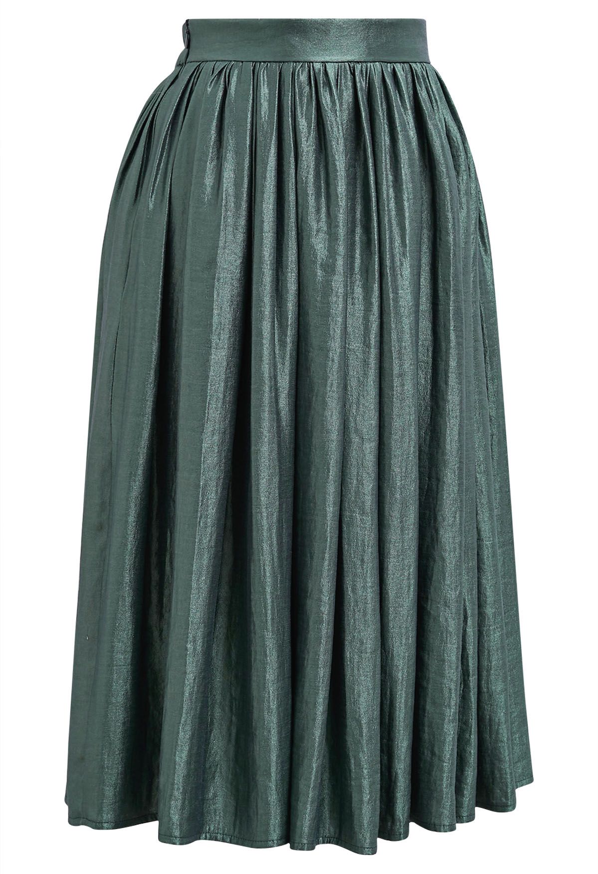 Glossy Emerald Pleated Midi Skirt