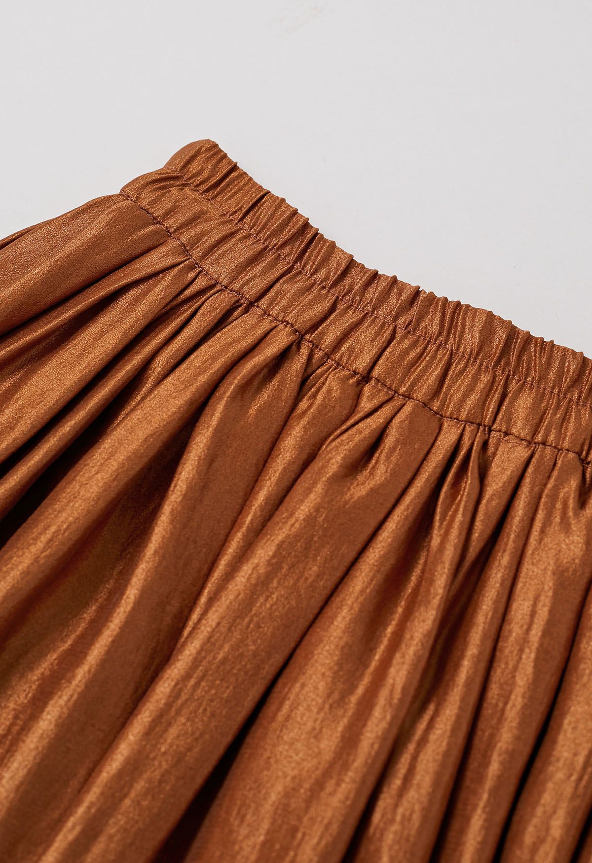 Glossy Orange Pleated Midi Skirt