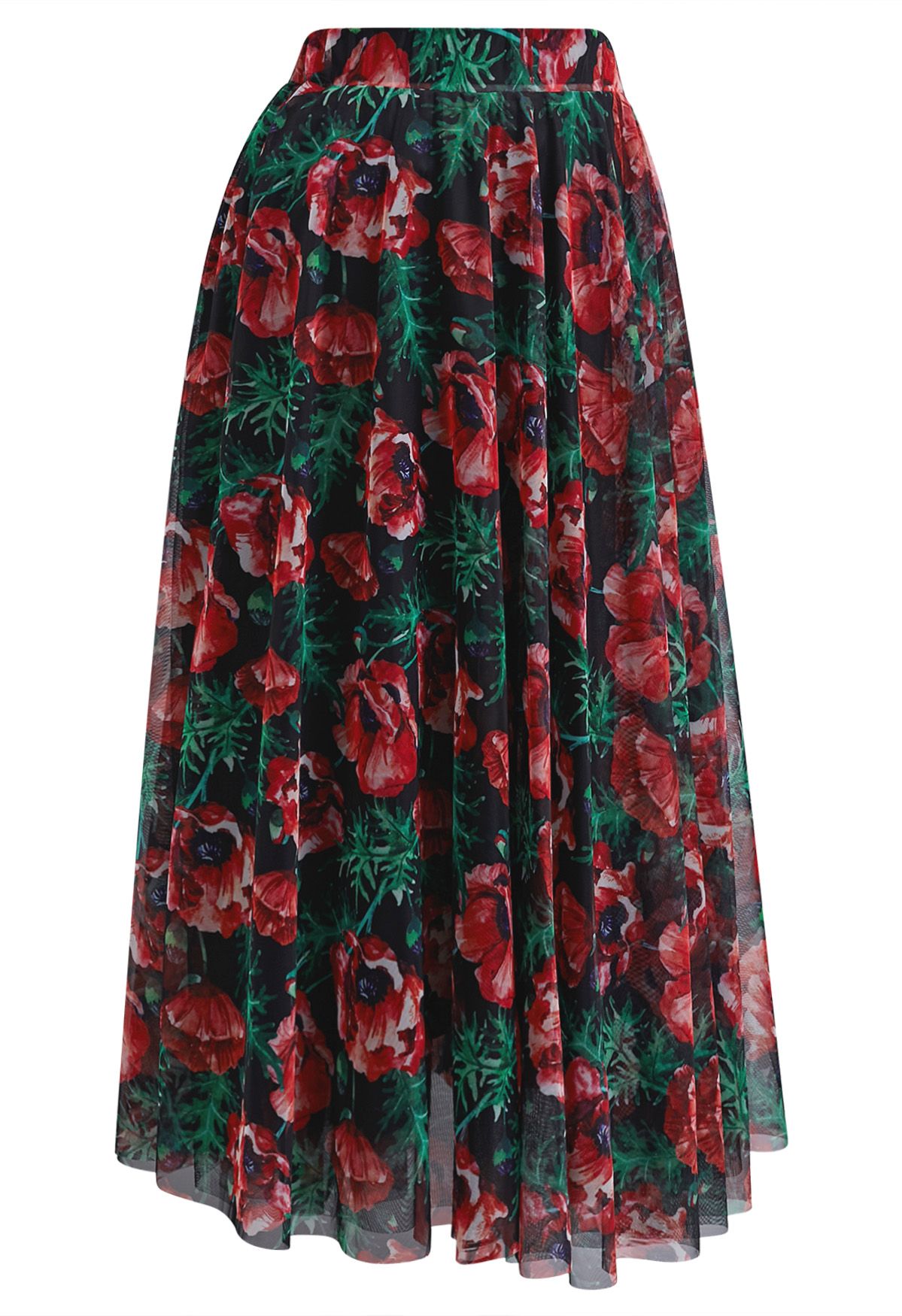 Scarlet Floral Printed Mesh Tulle Midi Skirt