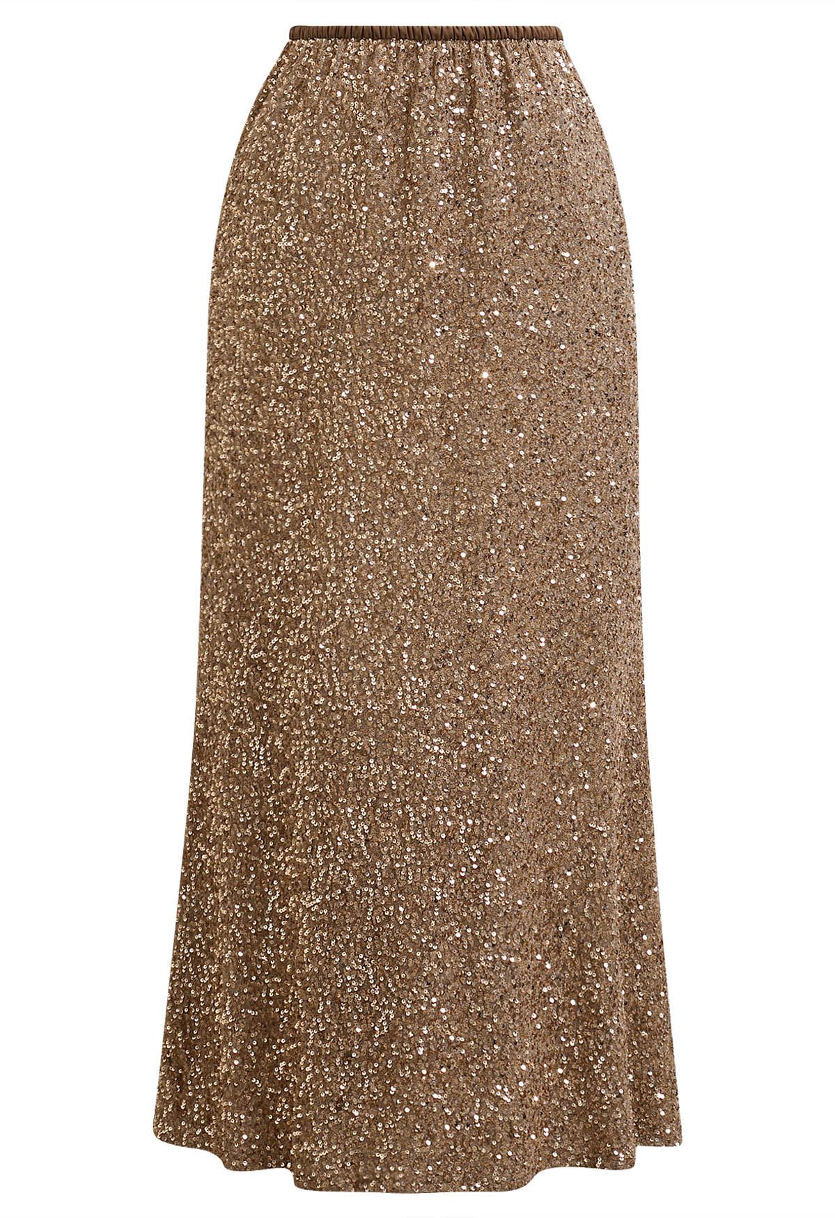 Full Sequin Mermaid Maxi Skirt in Tan